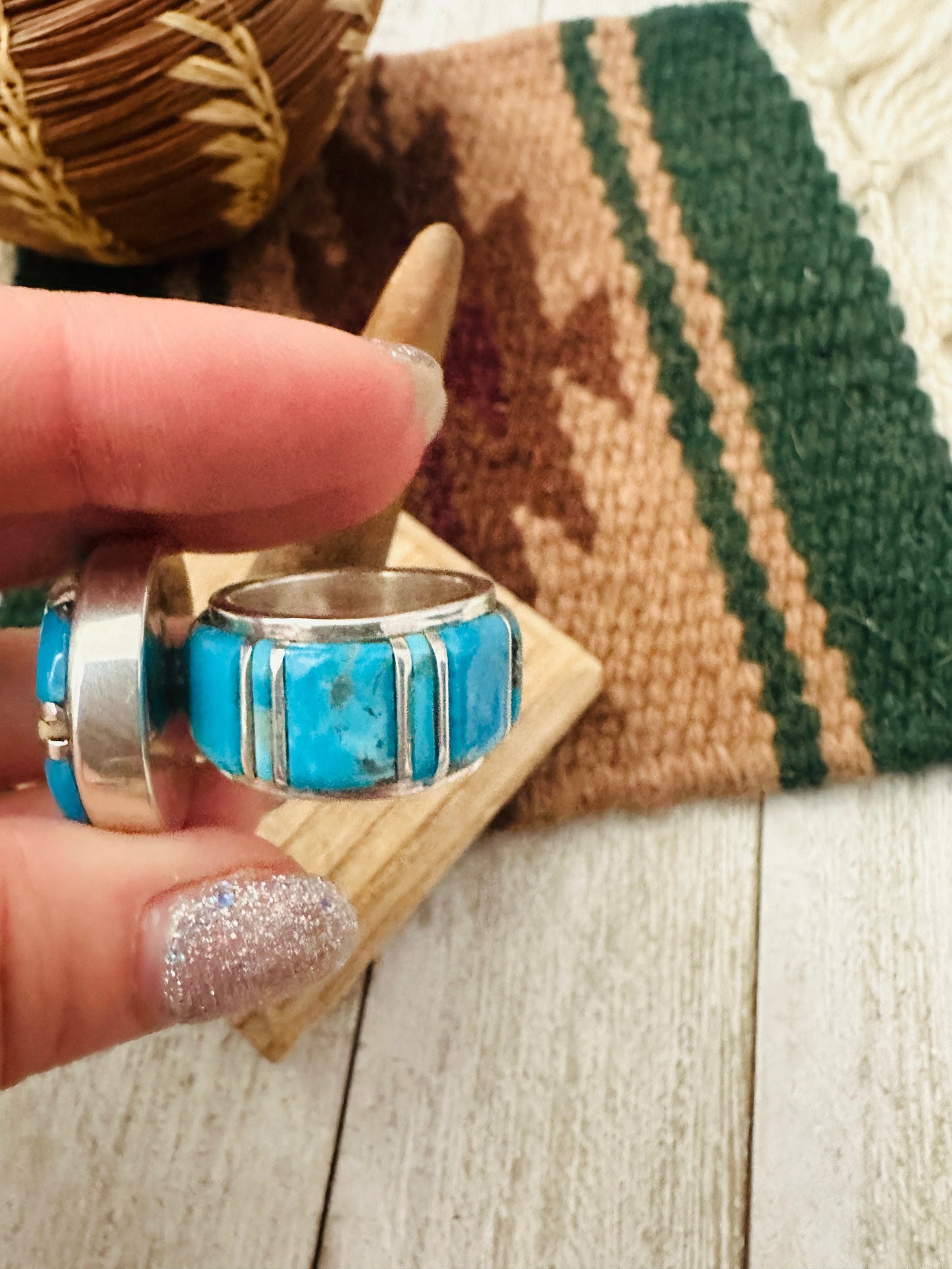 Handcrafted Sterling Silver, Turquoise & Opal Inlay Band Ring Size 7.5