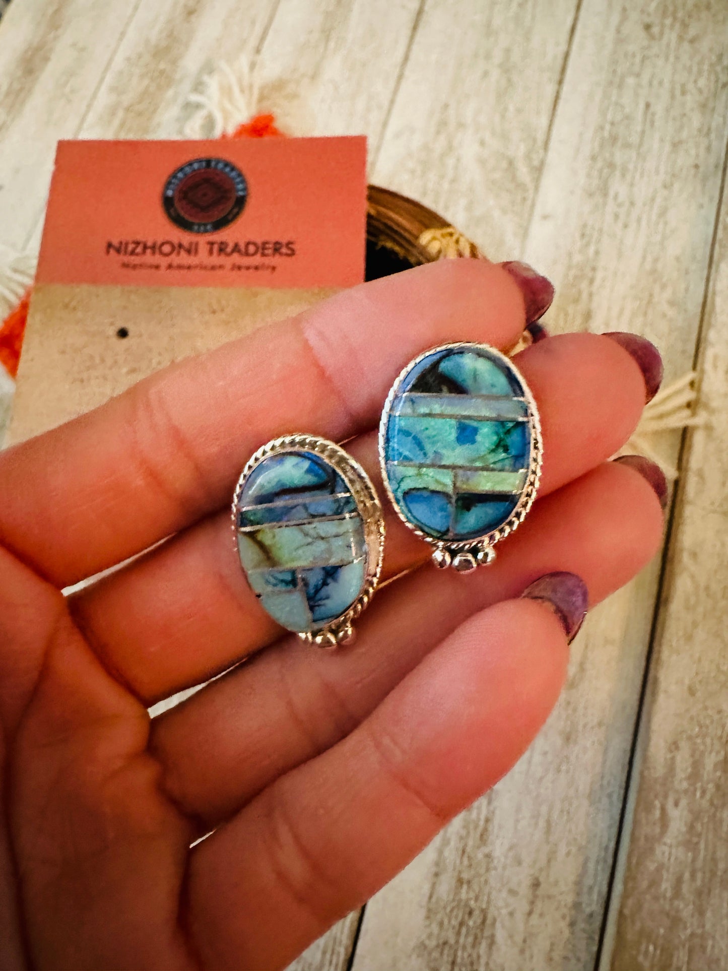 Handcrafted Spiderweb Opal & Sterling Silver Inlay Post Earrings