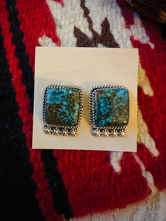 Handcrafted Kingman Web Turquoise & Sterling Silver Post Earrings