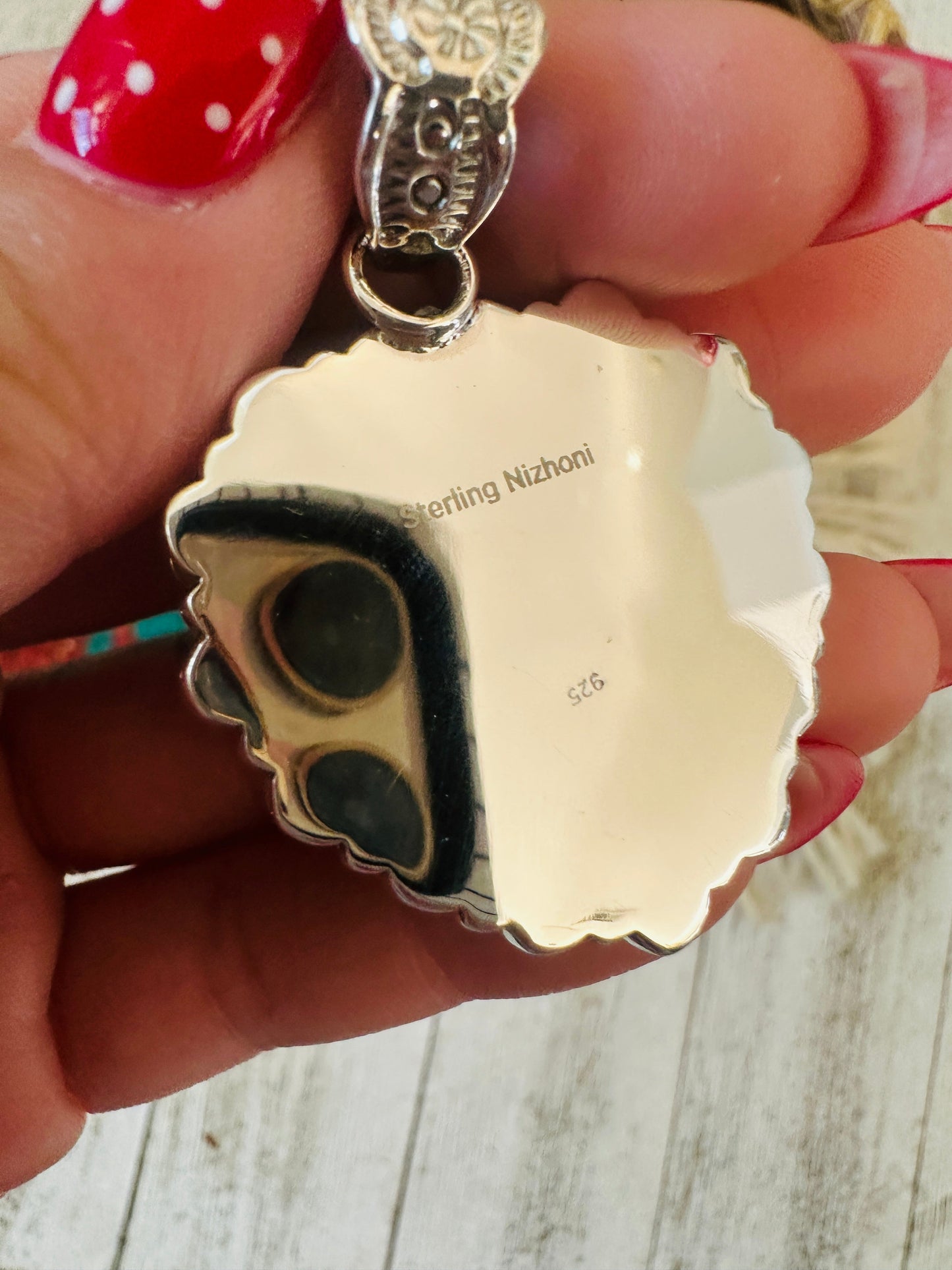 ** Christmas Collection ** Handmade Sterling Silver, Coral & Turquoise Heart Pendant Signed Nizhoni