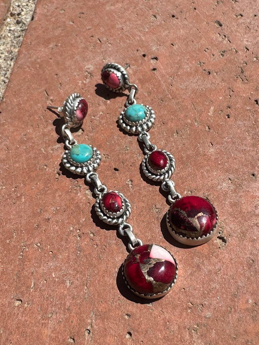 Dahlia Rose & Turquoise Handmade Sterling Silver 4 Stone Dangles