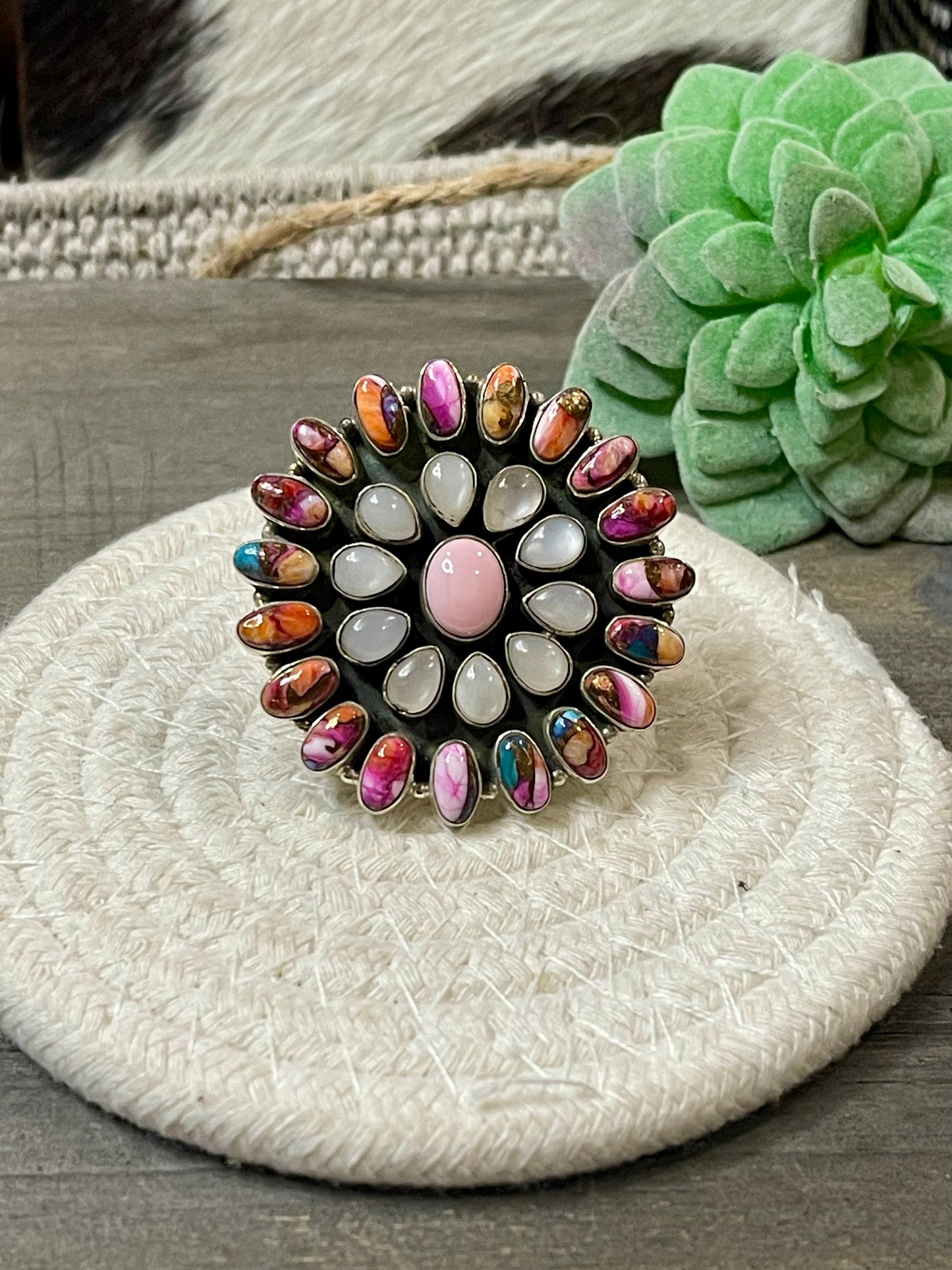 Handmade Multi Stone And Sterling Silver Cluster Adjustable Ring