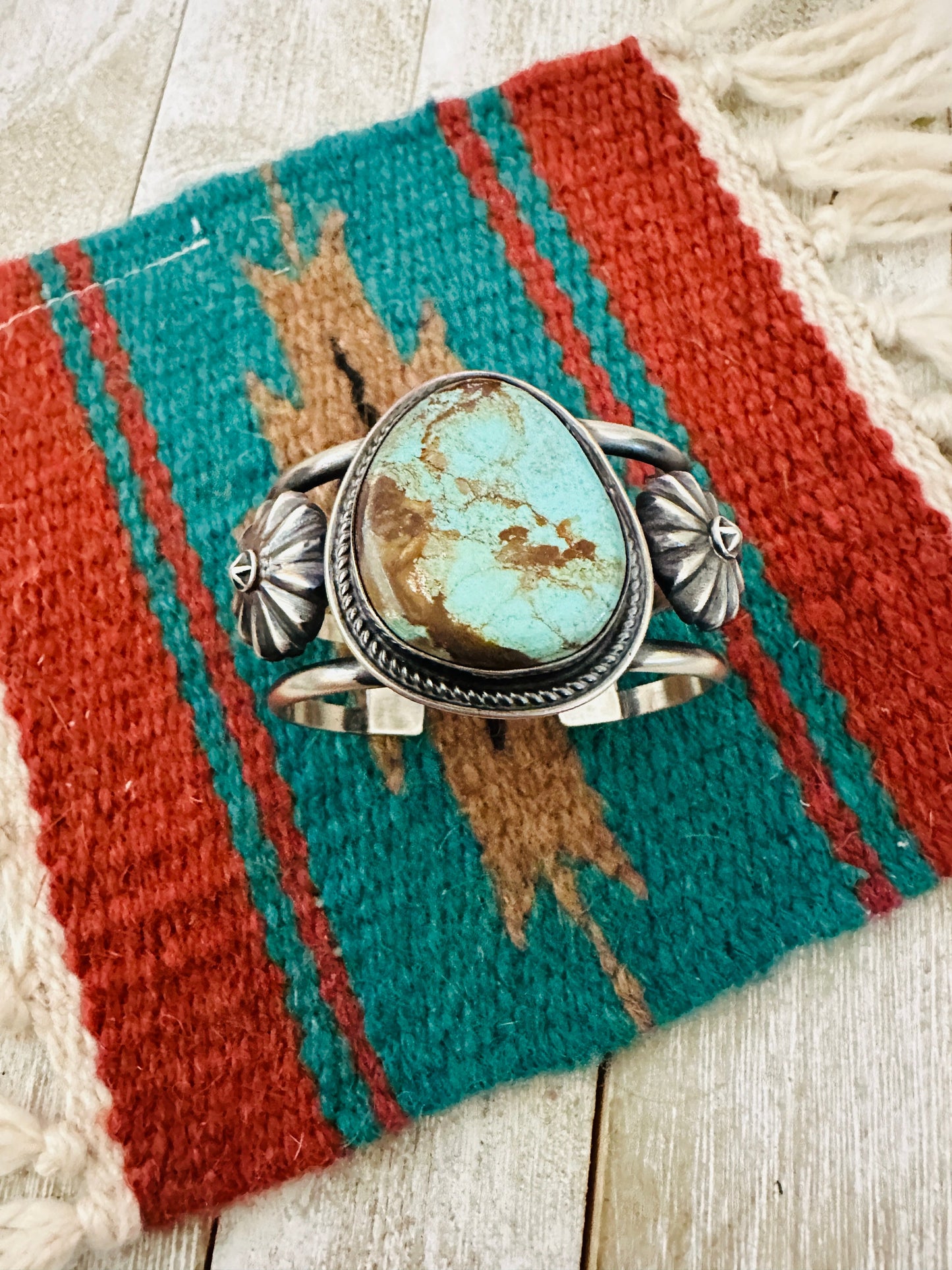 Navajo Sterling Silver & Number 8 Turquoise Cuff Bracelet by Chimney Butte