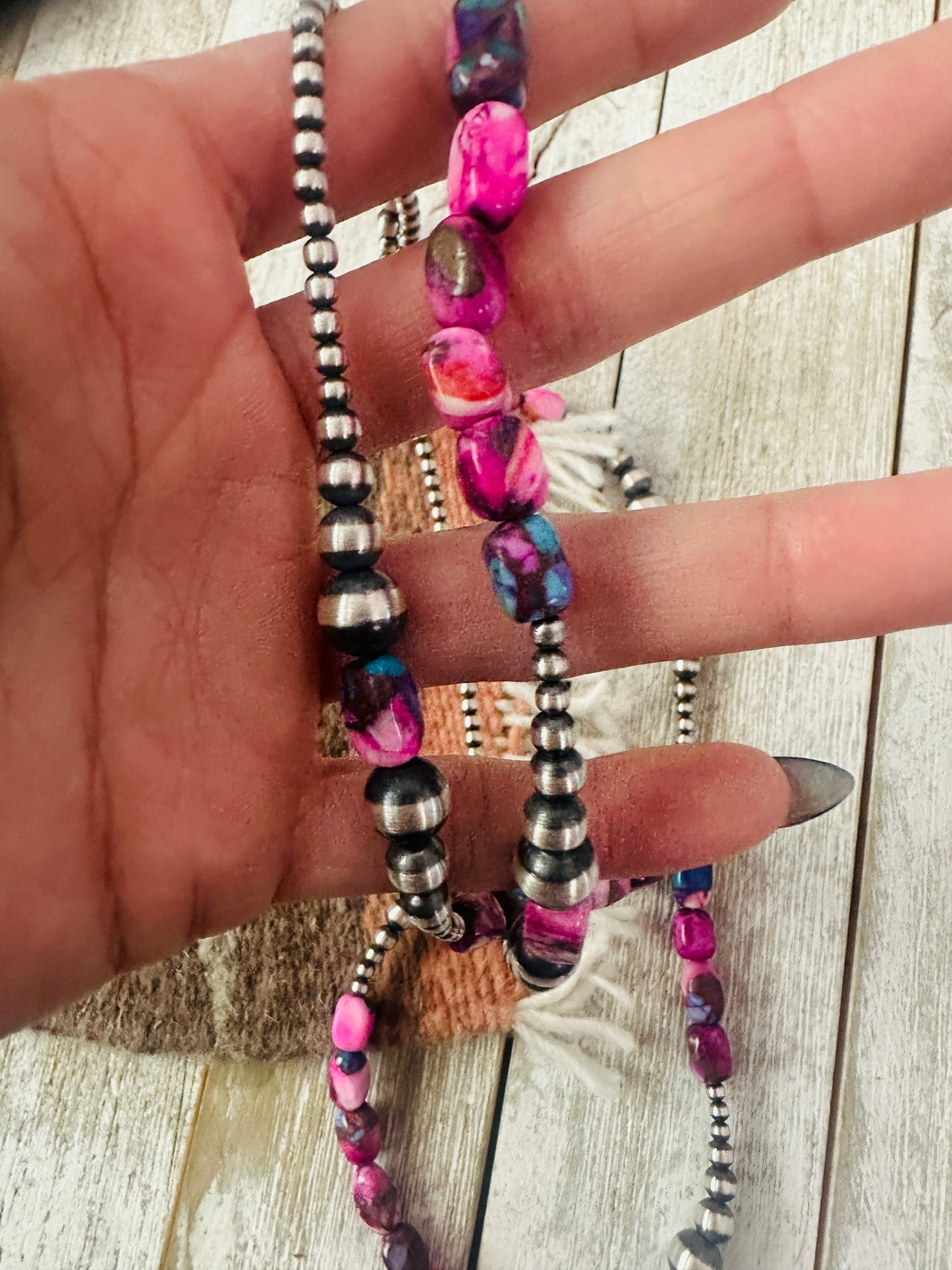 Handcrafted Sterling Silver & Pink Dream Mojave Beaded 36” Necklace