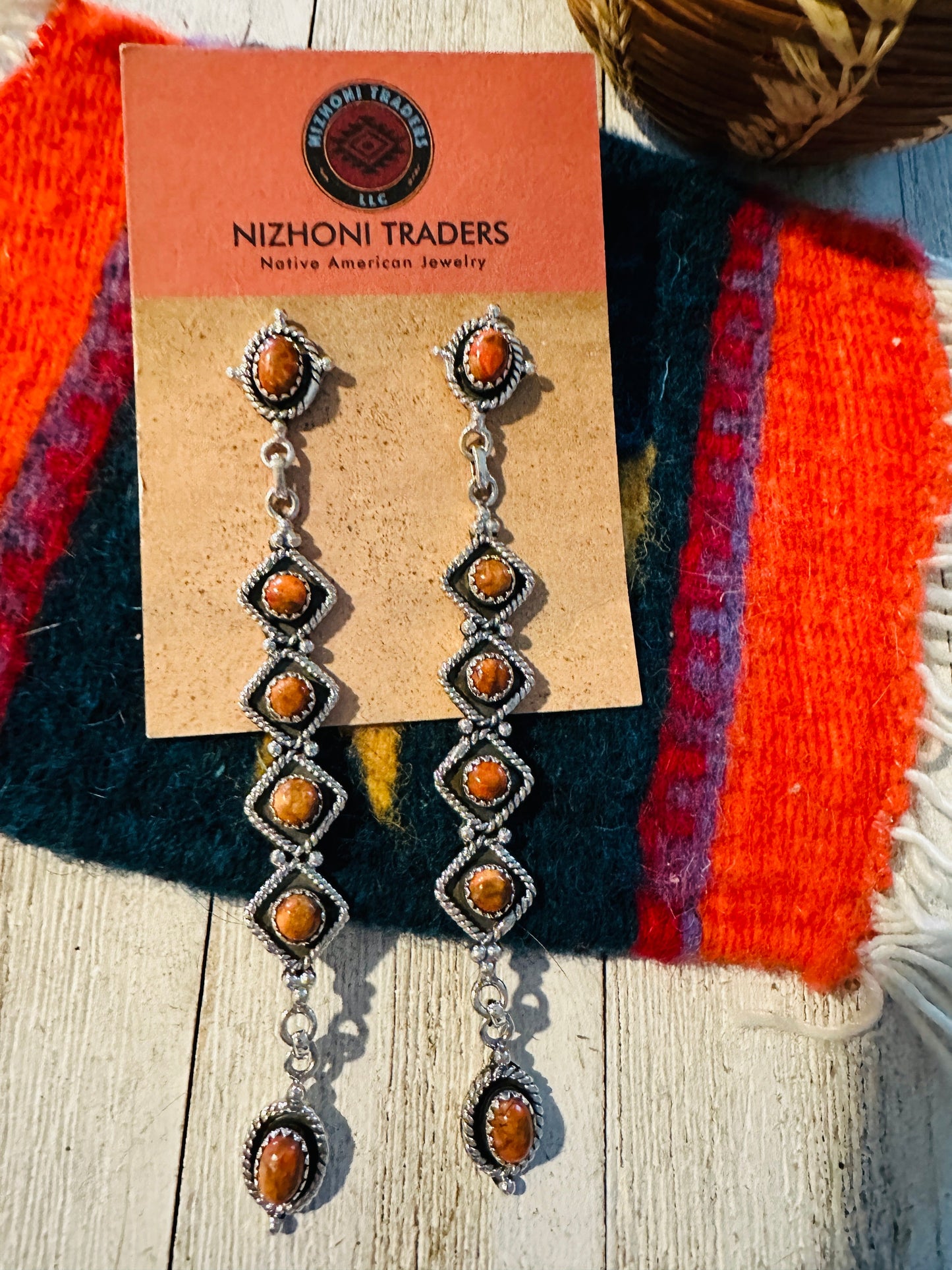 Handmade Orange Spiny & Sterling Silver Dangle Earrings Signed Nizhoni