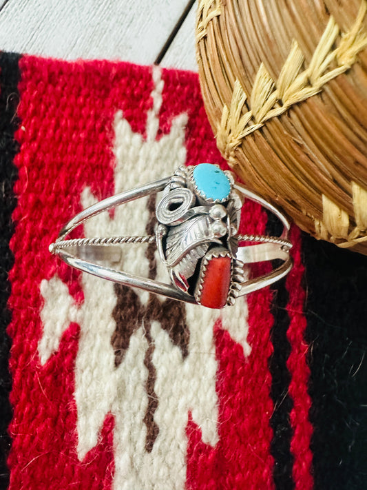Handcrafted Turquoise, Coral & Sterling Silver Cuff Bracelet