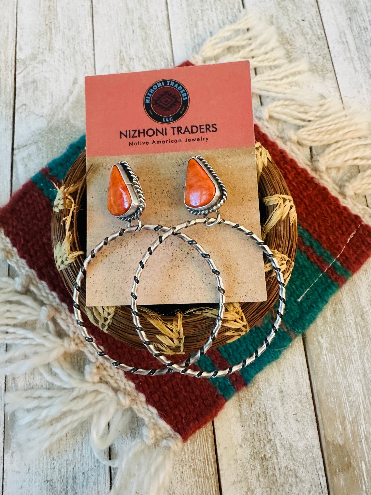 Handcrafted Orange Spiny and Sterling Silver Dangle Hoop Earrings