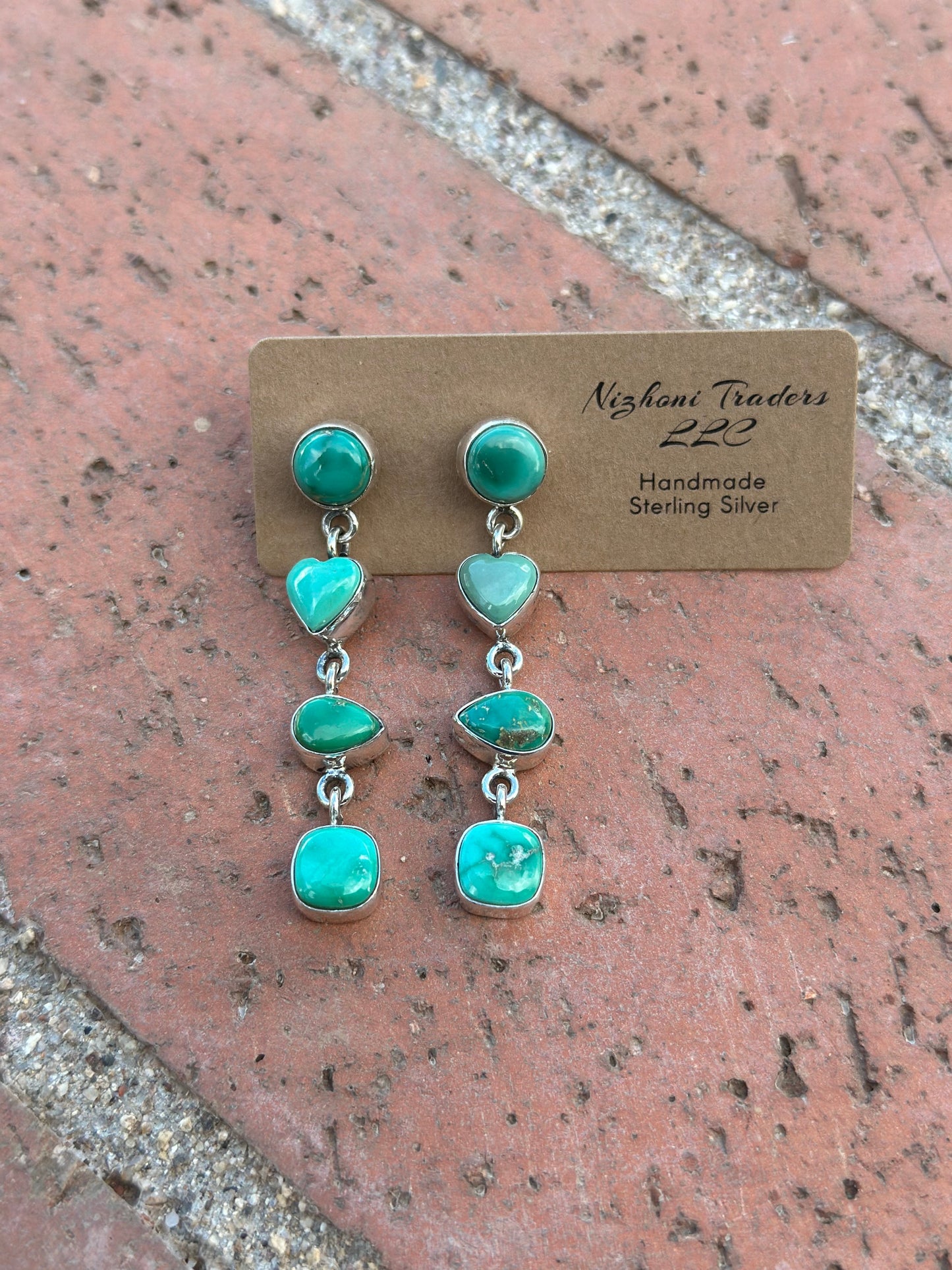Handmade Emerald Valley Turquoise heart and Sterling Silver 4 Stone Dangles