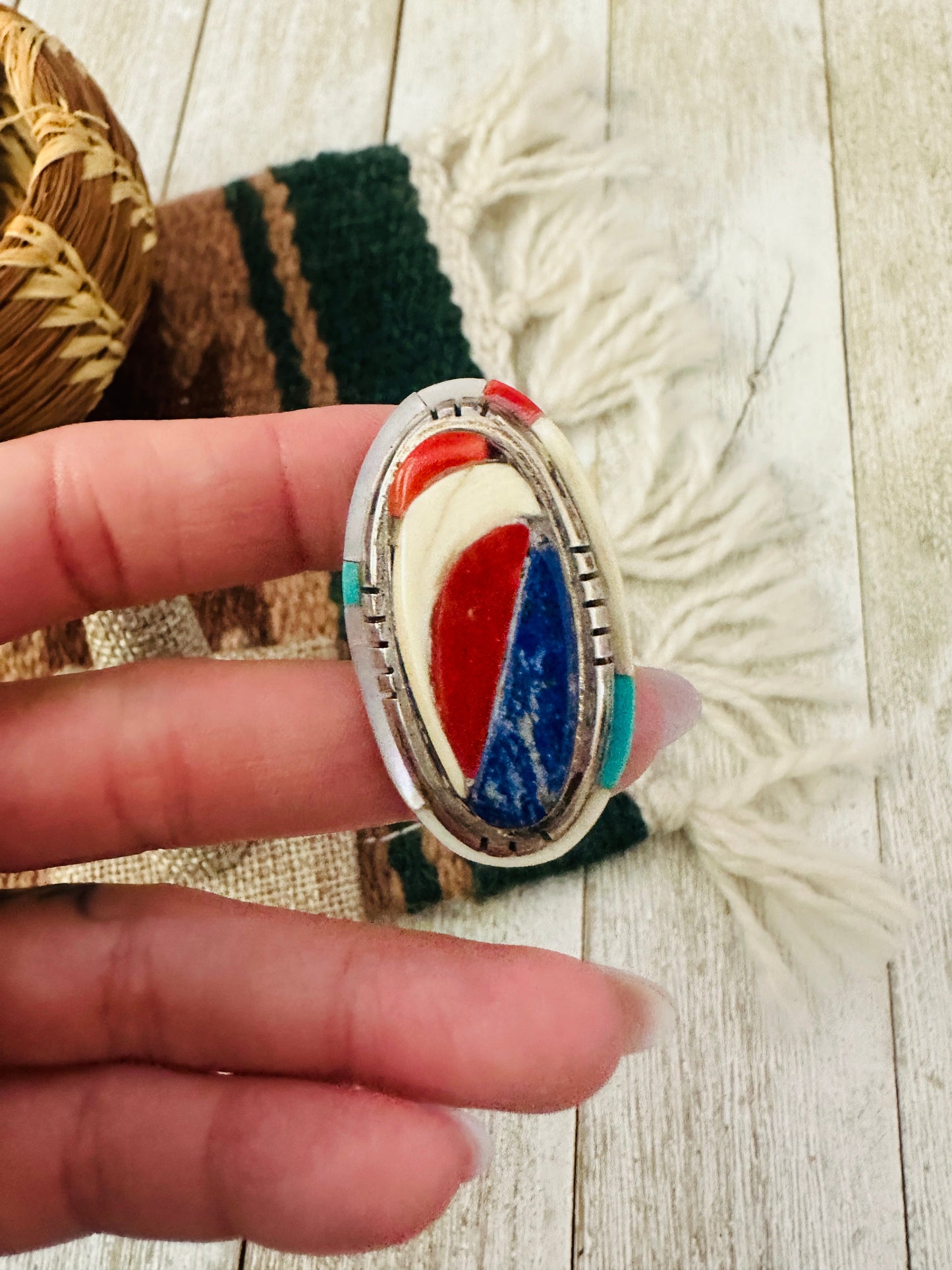 Old Pawn Handcrafted Multi Stone & Sterling Silver Inlay Adjustable Ring by Ken Romero