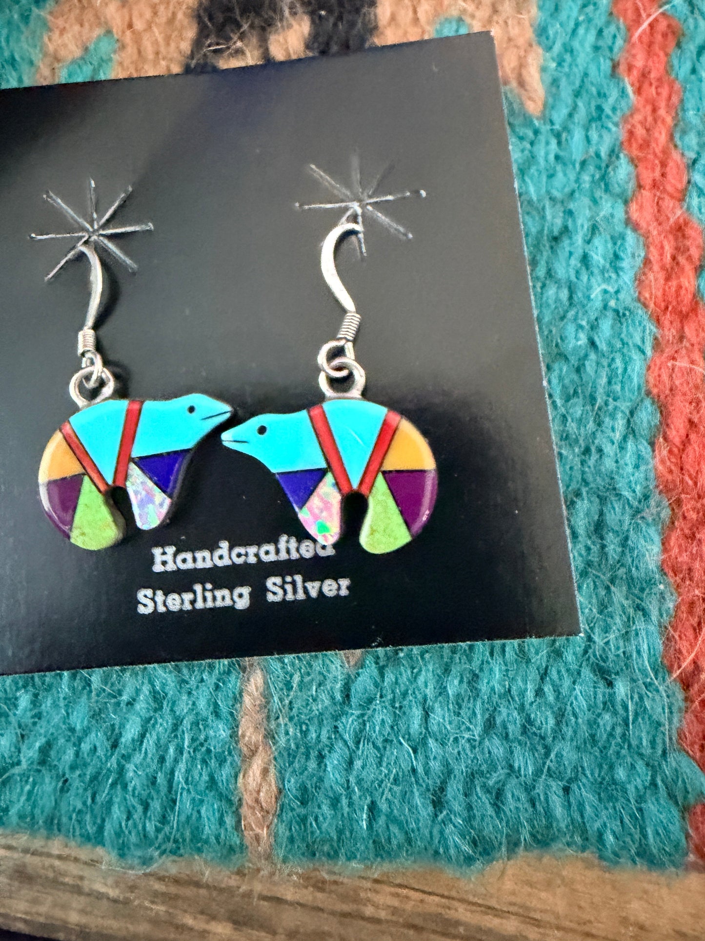 Handcrafted Multi Stone & Sterling Silver Inlay Fetish Bear Dangle Earrings