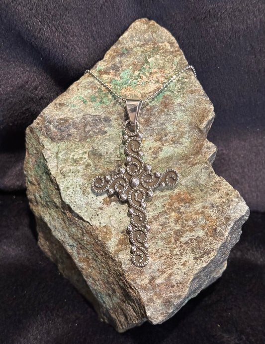 Vintage Oxidized Cross Sterling Silver Pendant Necklace