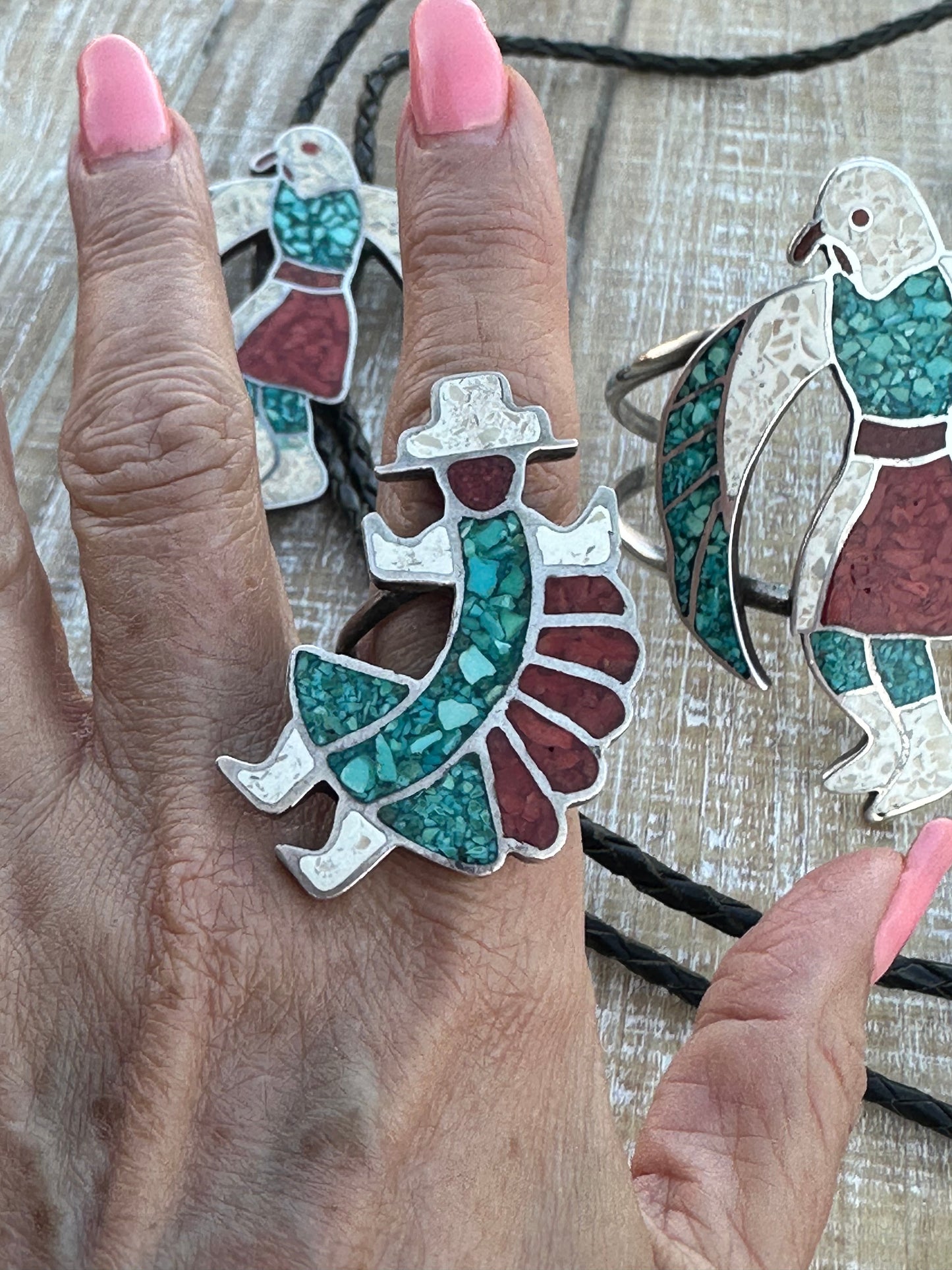 Handcrafted Old Pawn Vintage Chip Inlay Eagle Dancer Sterling Silver 5 Piece Jewelry Set