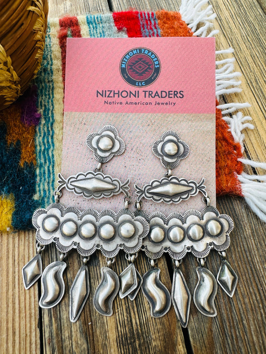 Handcrafted Old Pawn Sterling Silver Concho Dangle Earrings