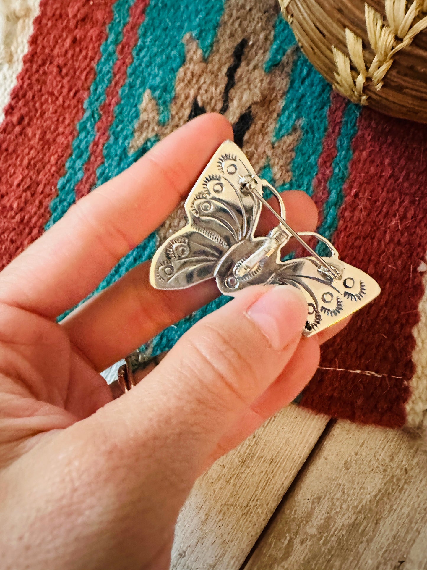 Handcrafted Number 8 Turquoise & Sterling Silver Butterfly Brooch / Pendant