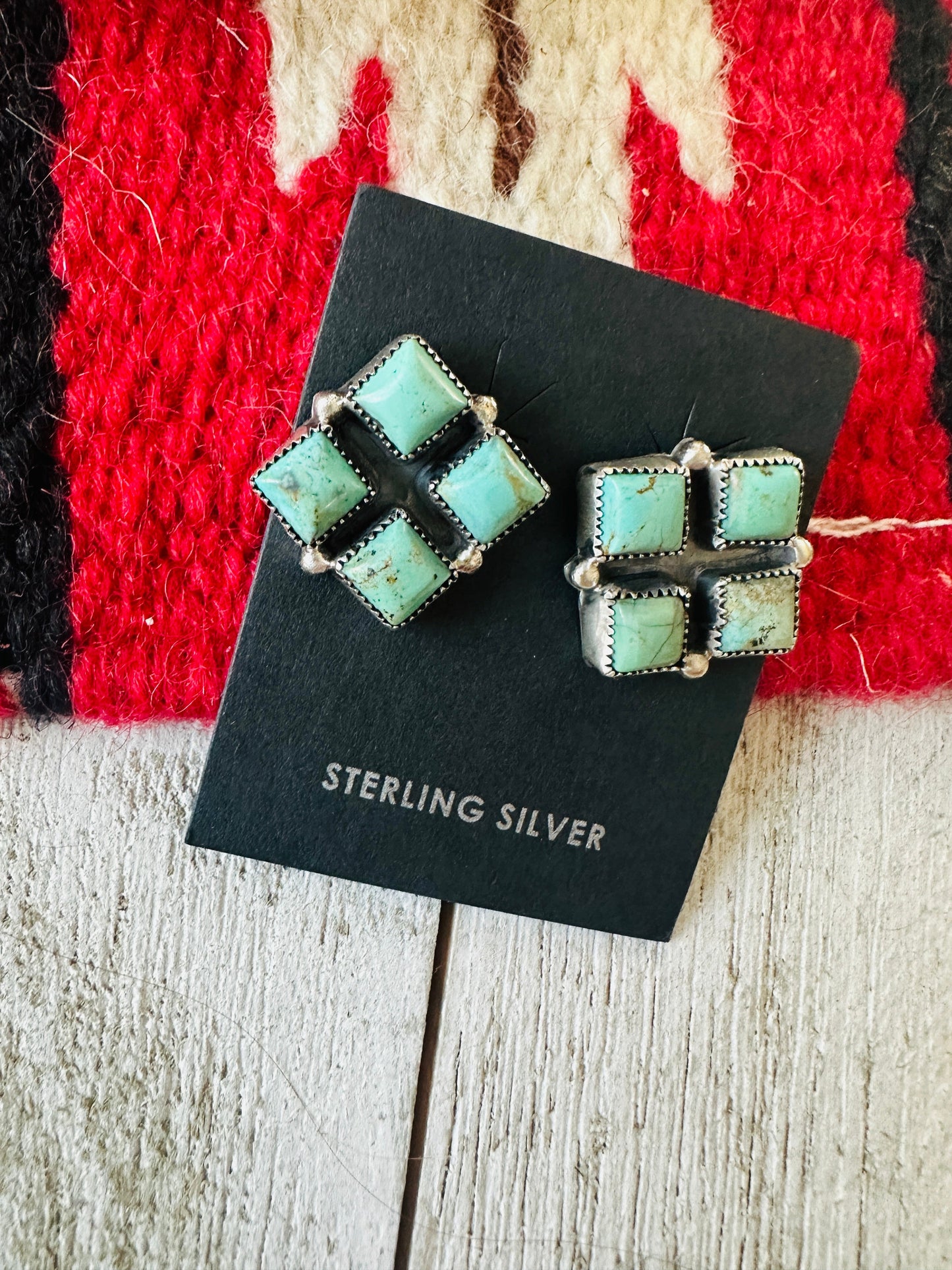 Navajo Sterling Silver & Turquoise Cluster Stud Earrings Signed