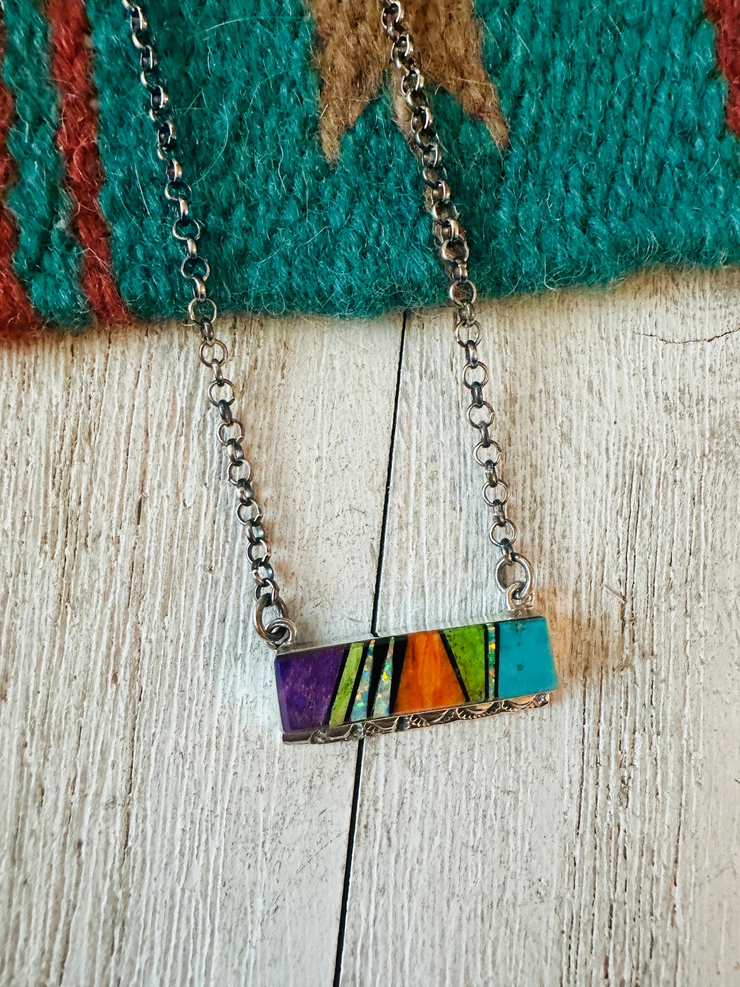 Handcrafted Multi Stone & Sterling Silver Inlay Bar Necklace