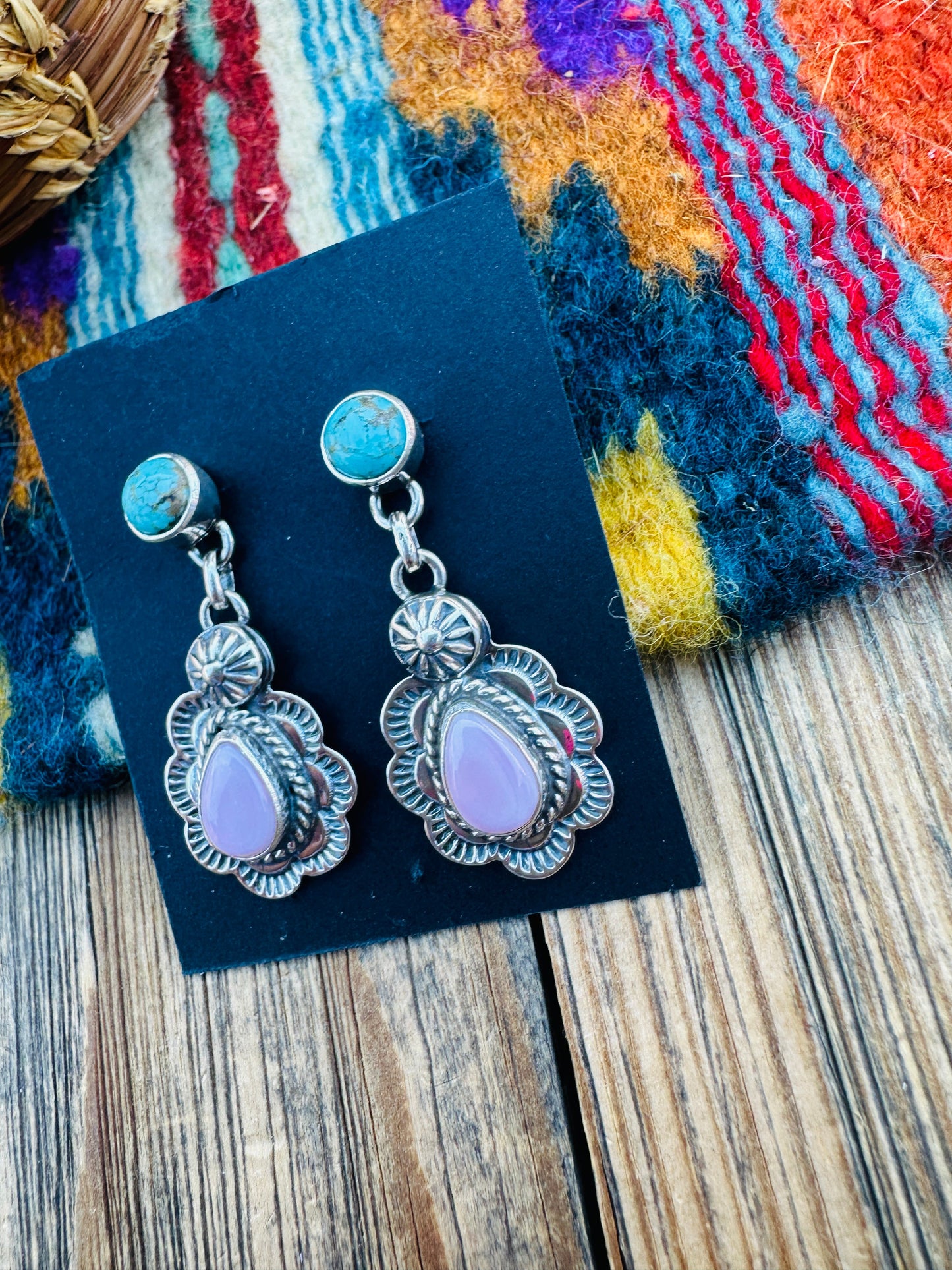 Handcrafted Sterling Silver, Turquoise & Queen Pink Conch Dangle Earrings