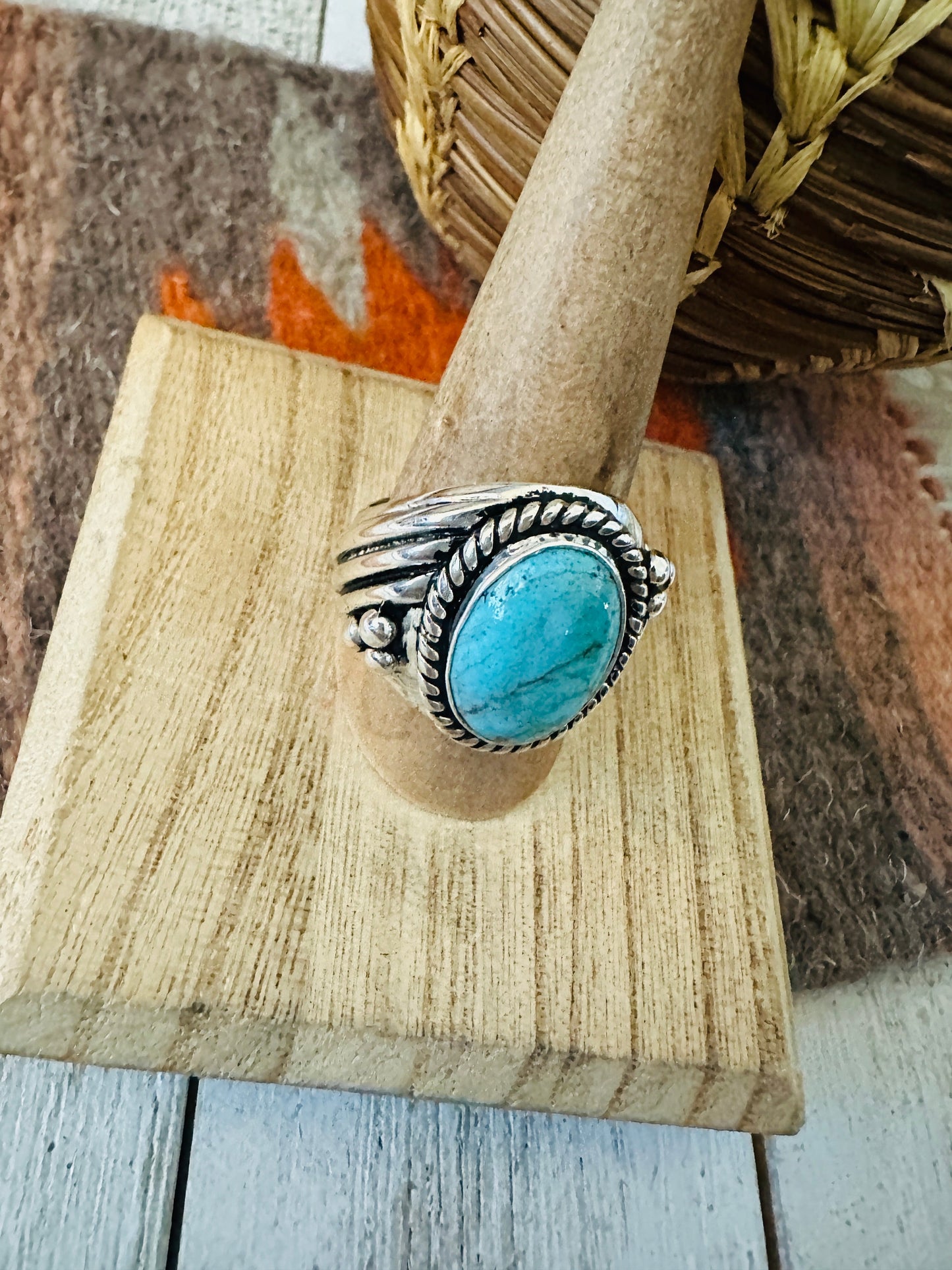 Navajo Kingman Turquoise & Sterling Silver Ring Size 9.5