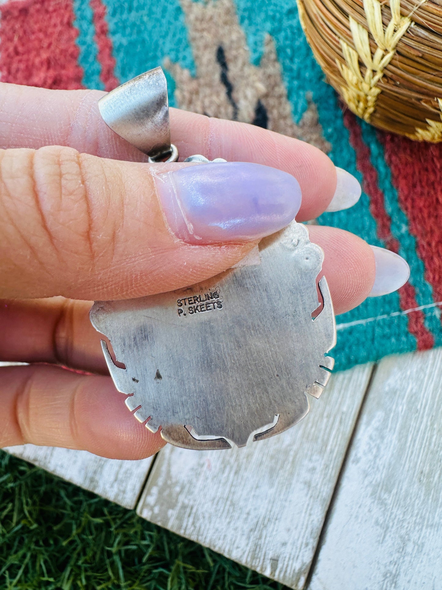 Handcrafted Sterling Silver and Black Jack Turquoise Pendant by Peggy Skeets
