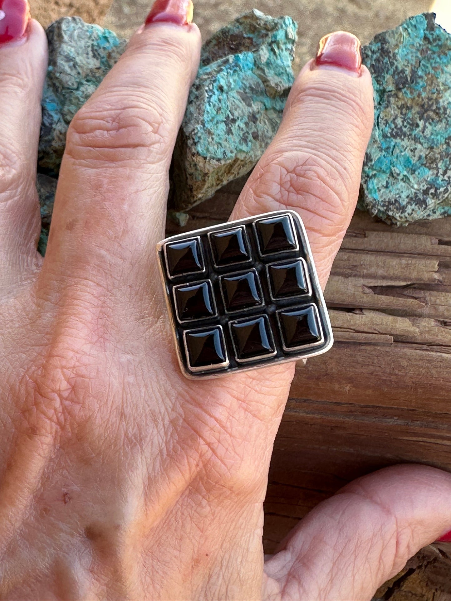 Beautiful Handmade Sterling Silver And Onyx Square Adjustable Ring
