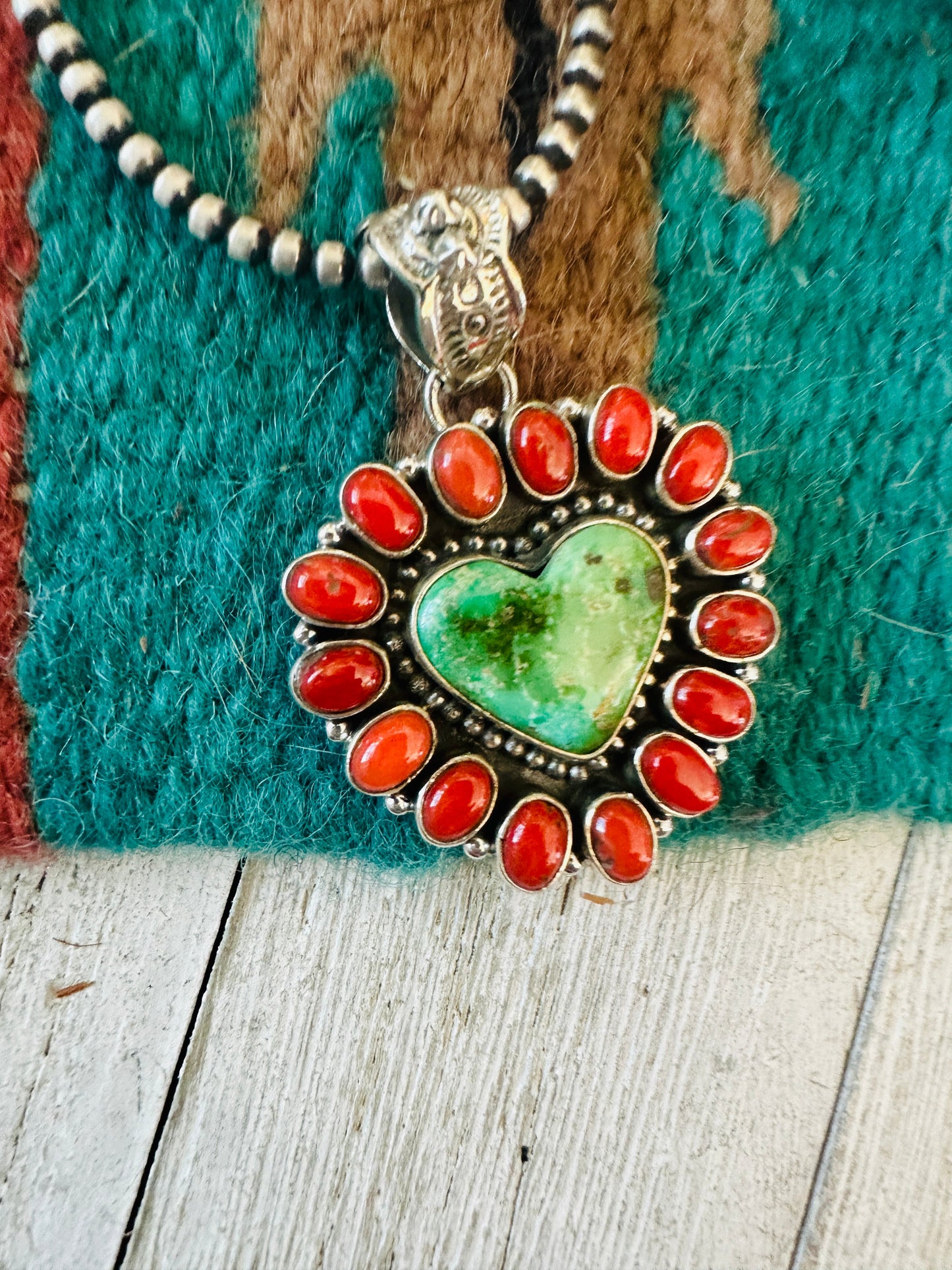 ** Christmas Collection ** Handmade Sterling Silver, Coral & Turquoise Heart Pendant Signed Nizhoni