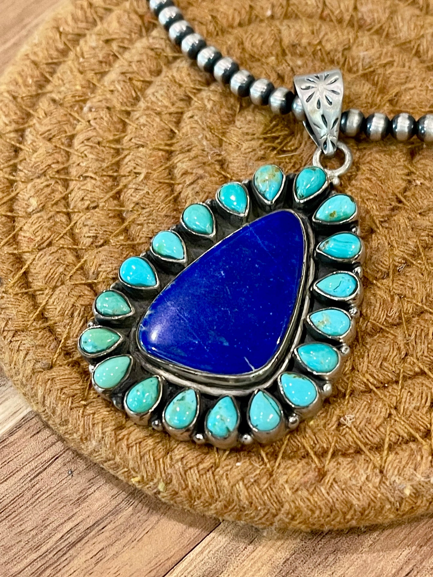 Handcrafted Sterling Silver, Lapis & Kingman Turquoise Cluster Pendant