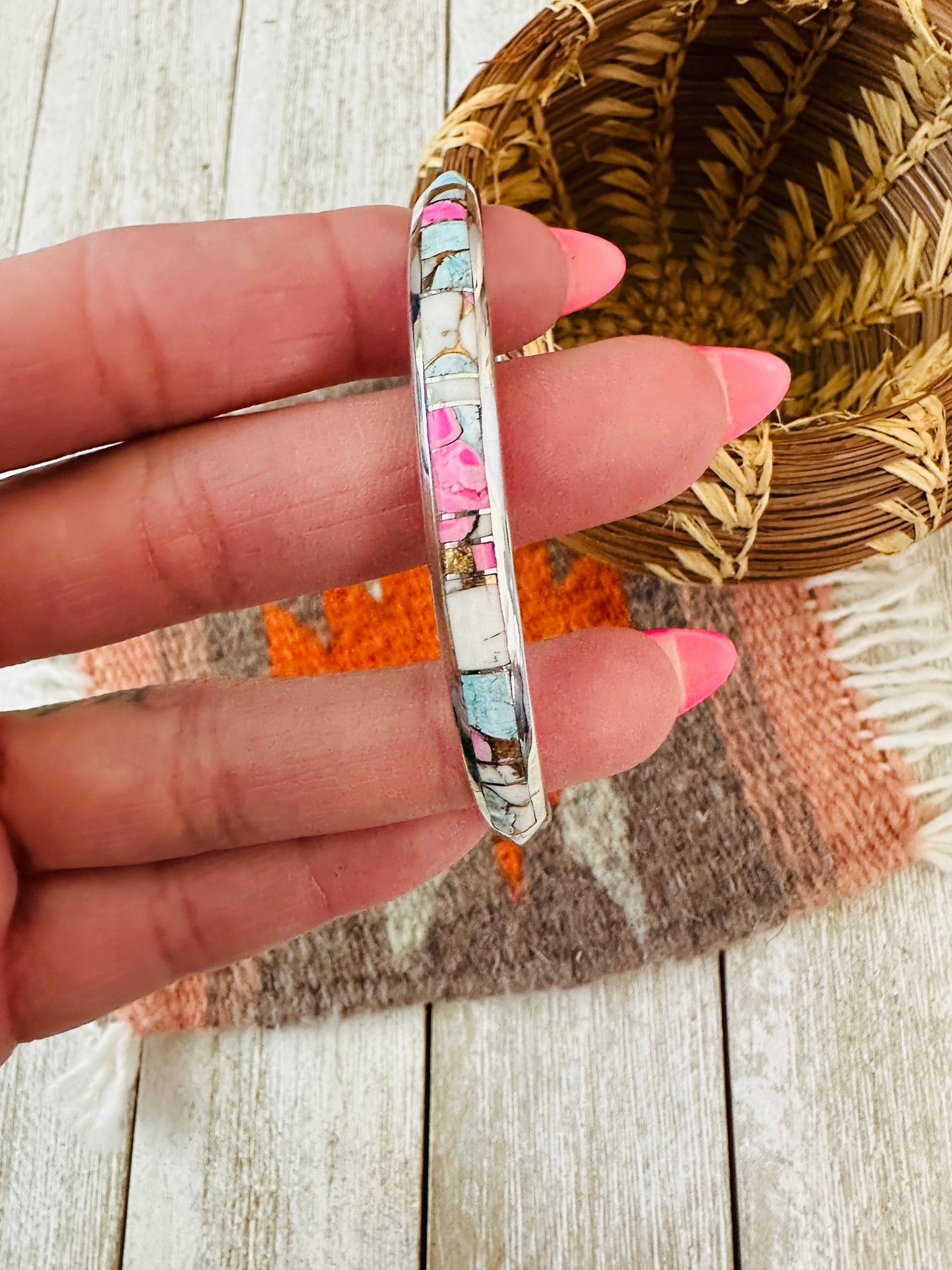 Handcrafted Cotton Candy & Sterling Silver Inlay Cuff Bracelet
