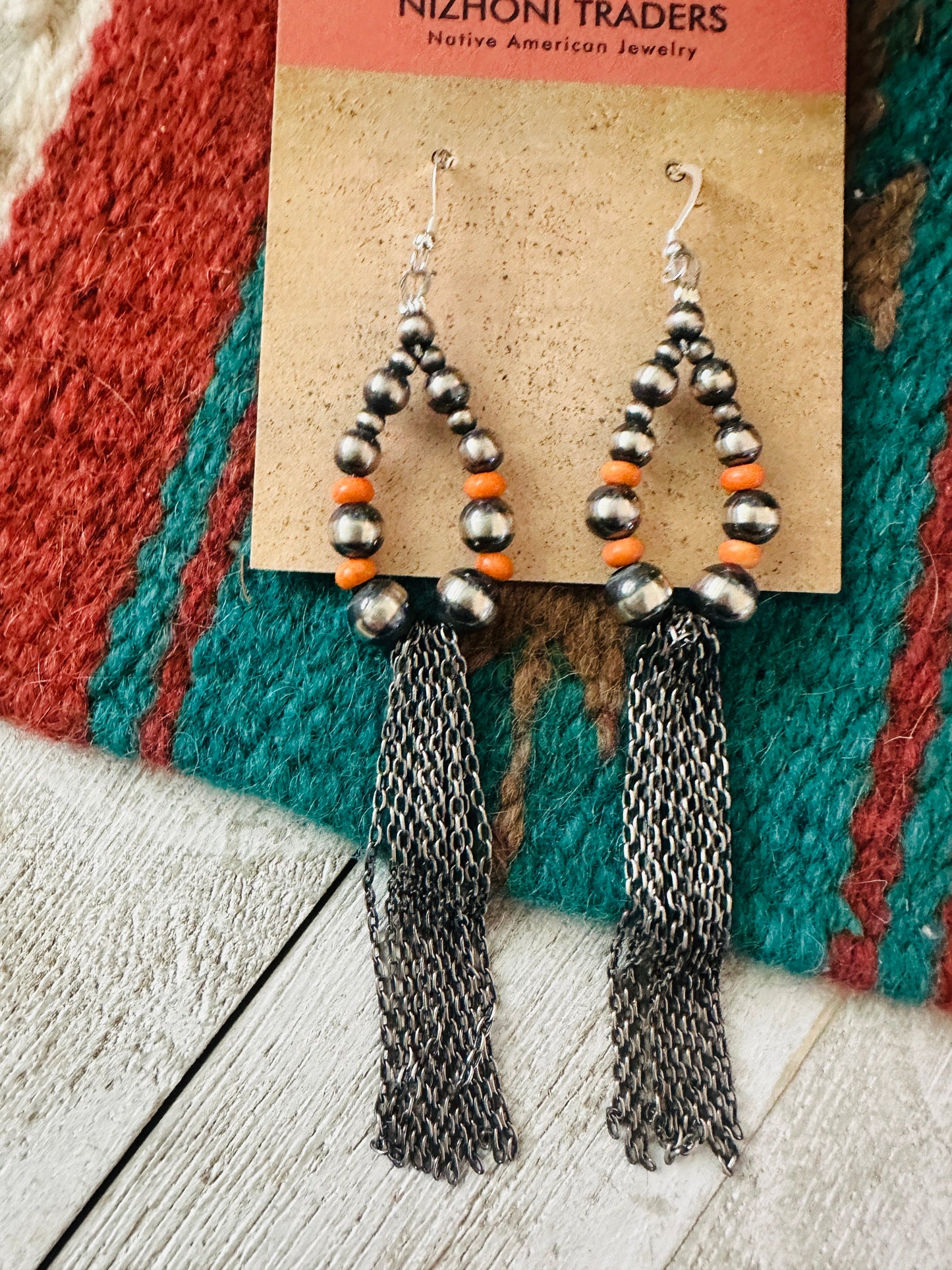 Handcrafted Orange Spiny & Sterling Silver Pearl Beaded Hoop Earrings
