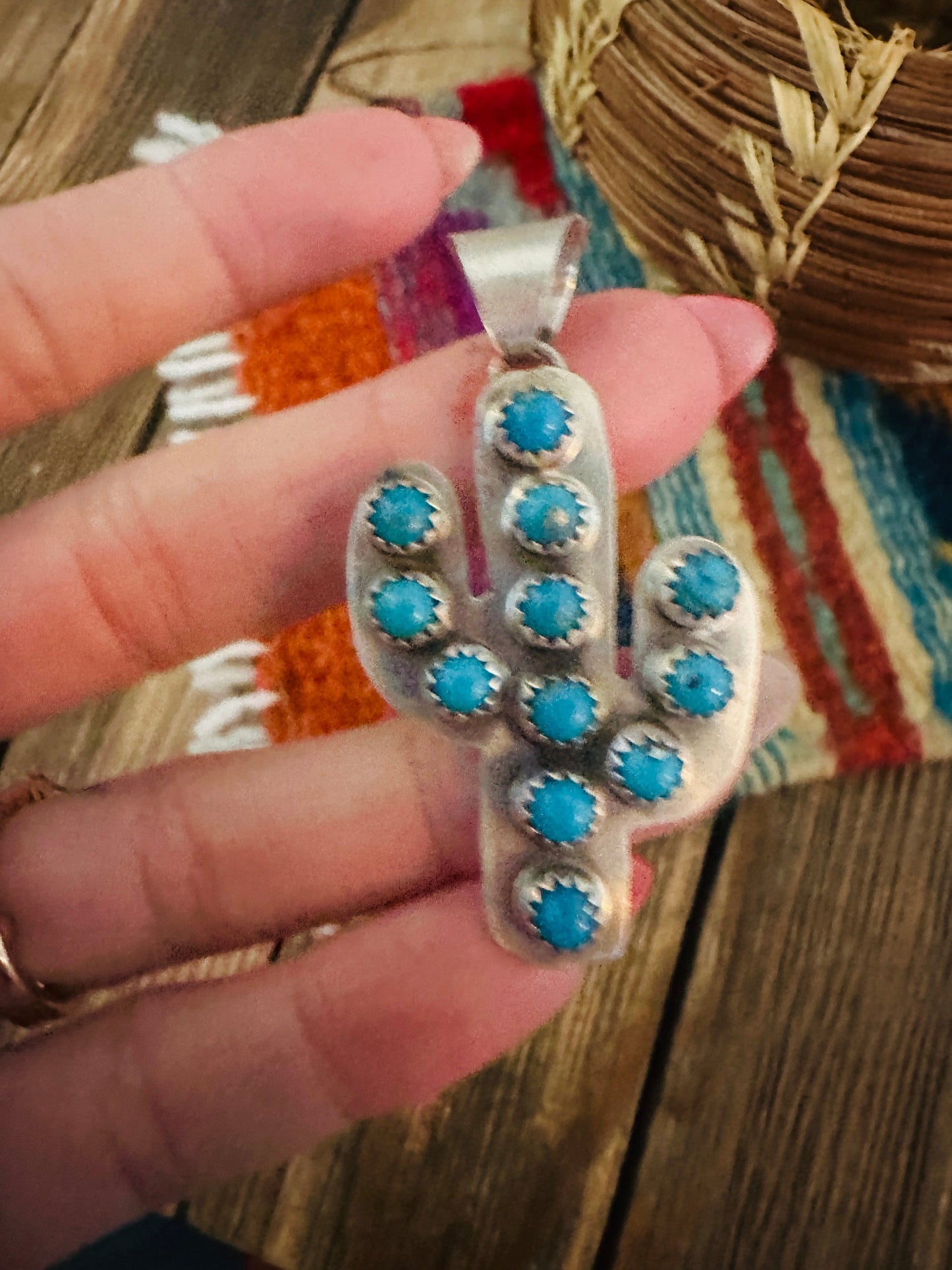 Handcrafted Sterling Silver and Turquoise Cactus Pendant