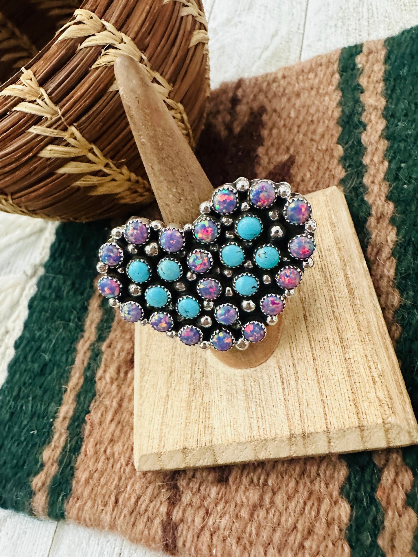 Handcrafted Sterling Silver, Opal & Turquoise Cluster Adjustable Heart Ring