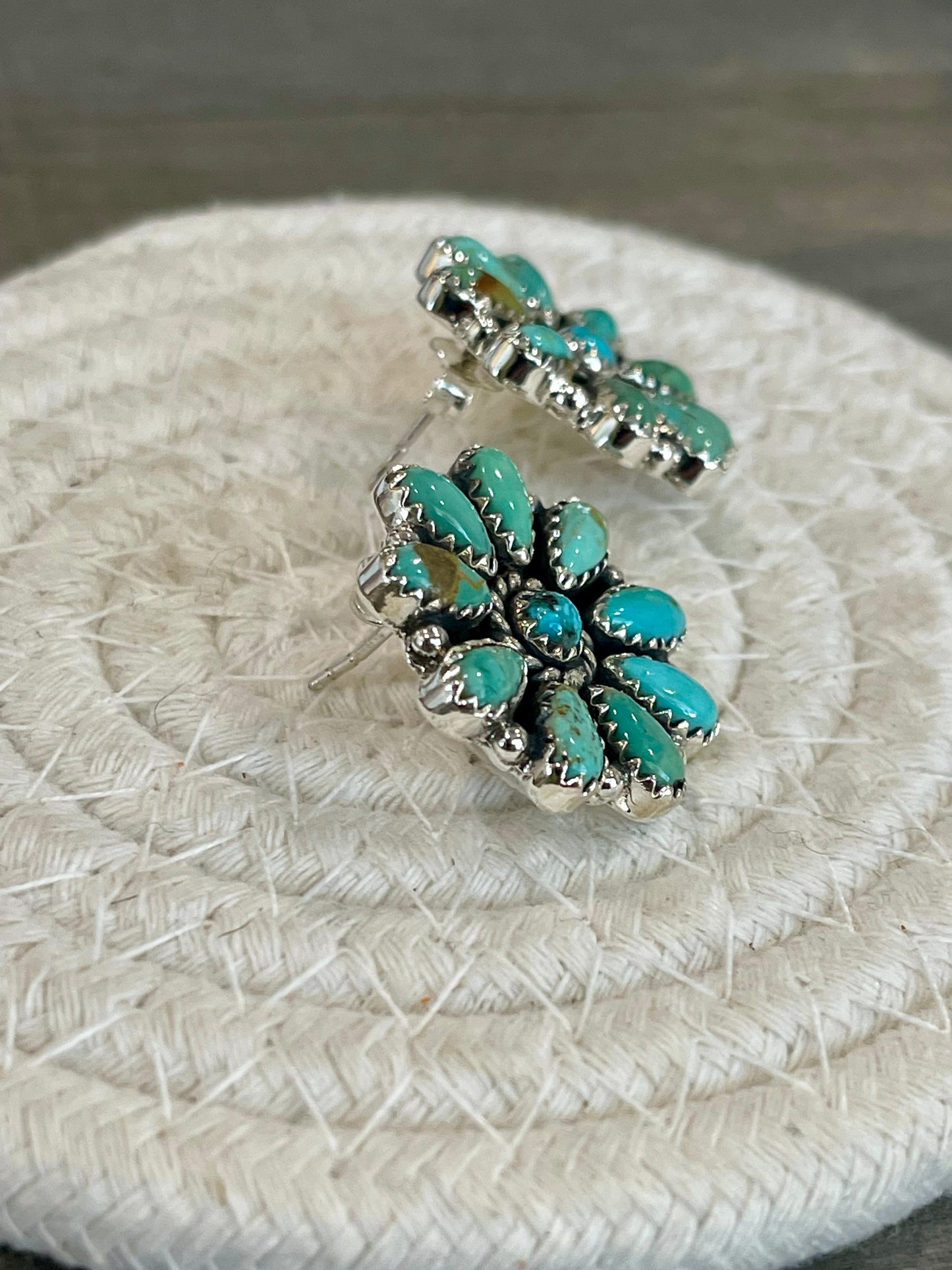 Handmade Turquoise & Sterling Silver Post Cluster Flower Earrings