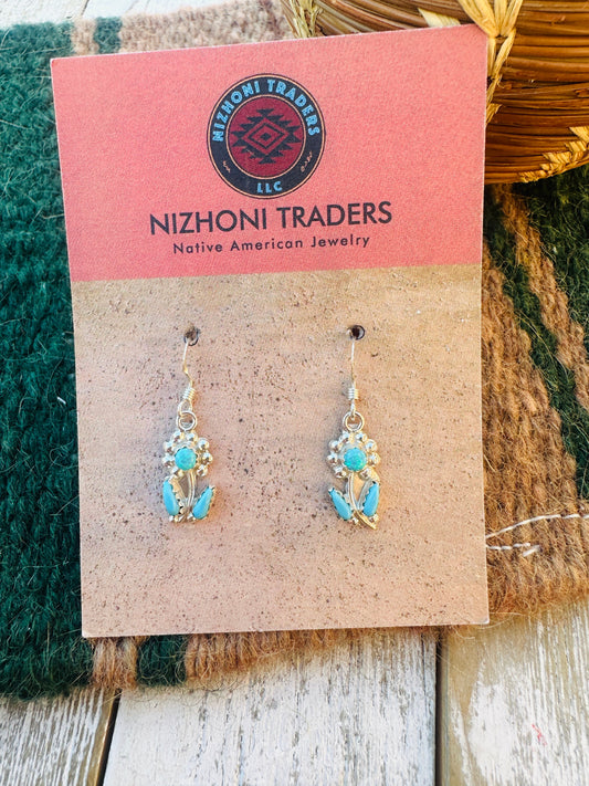 Handcrafted Turquoise, Light Blue Opal & Sterling Silver Flower Dangle Earrings