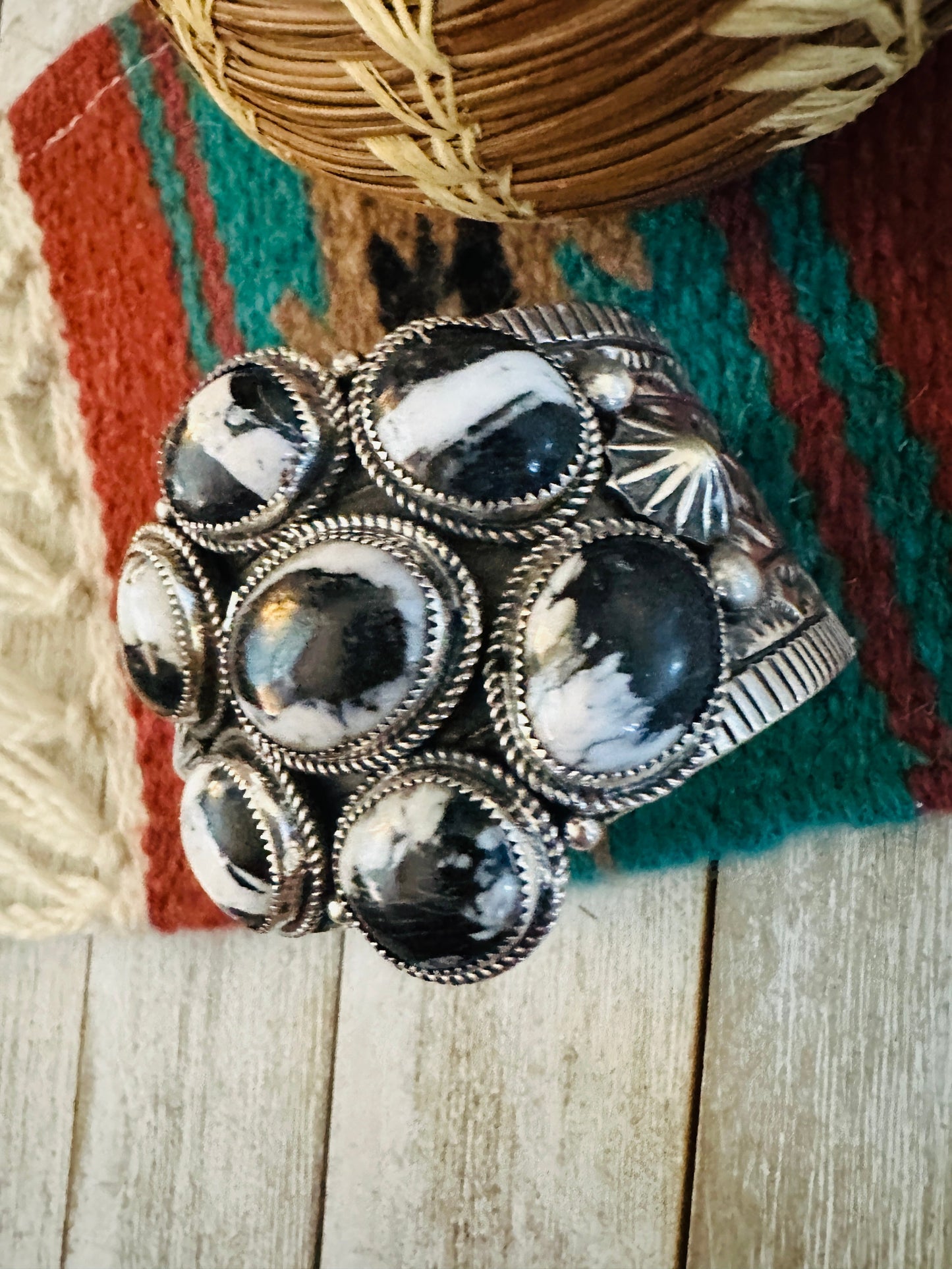 Handcrafted White Buffalo & Sterling Silver Cluster Cuff Bracelet