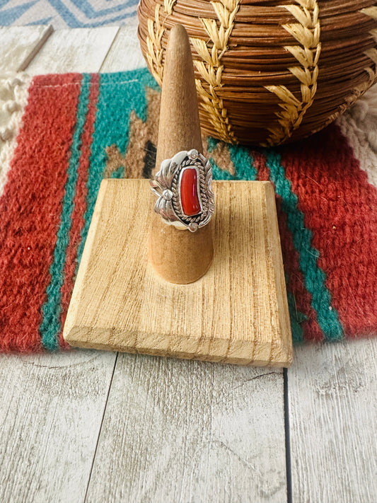 Handcrafted Coral & Sterling Silver Ring Size 6