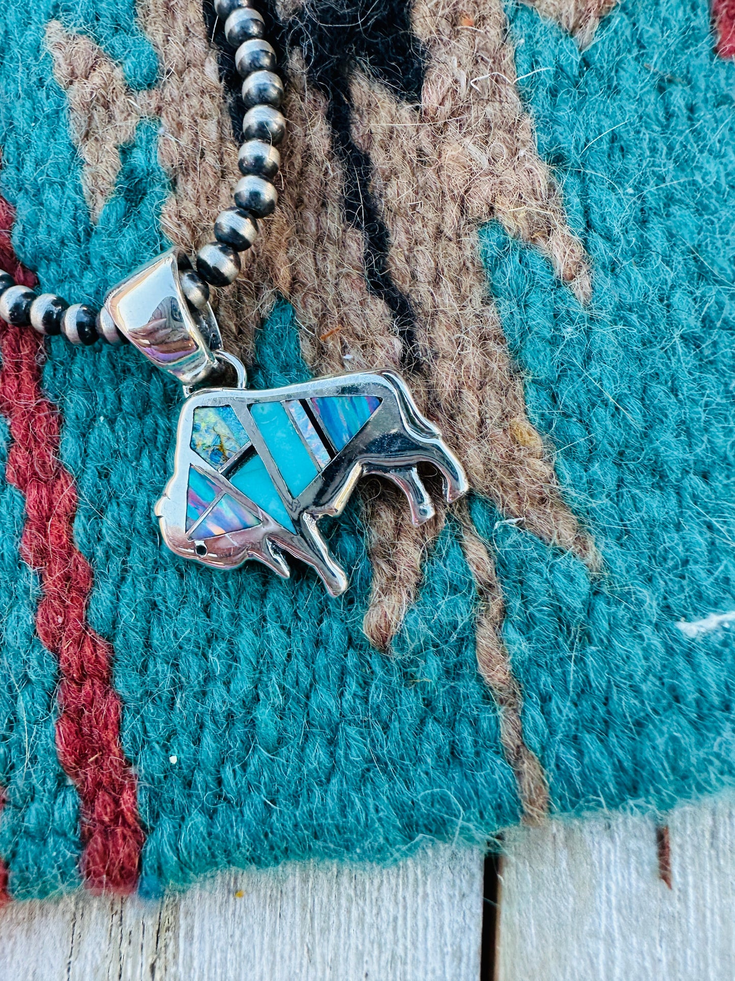 Handcrafted Sterling Silver, Turquoise and Opal Inlay Buffalo Pendant