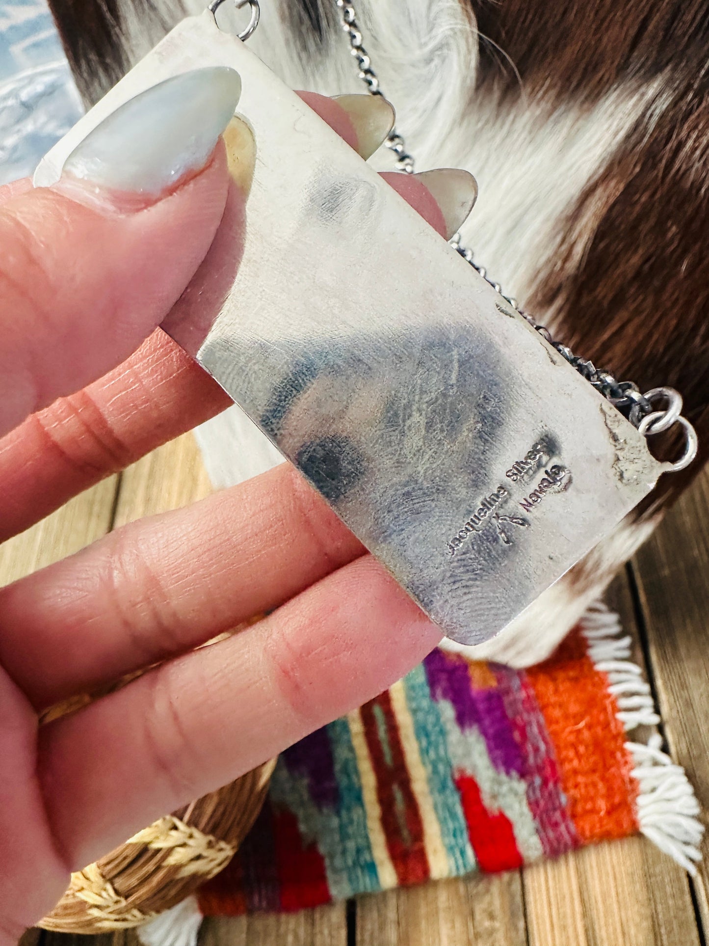 Handcrafted Mother of Pearl, CZ & Sterling Silver Bar Necklace by Jacqueline Silver
