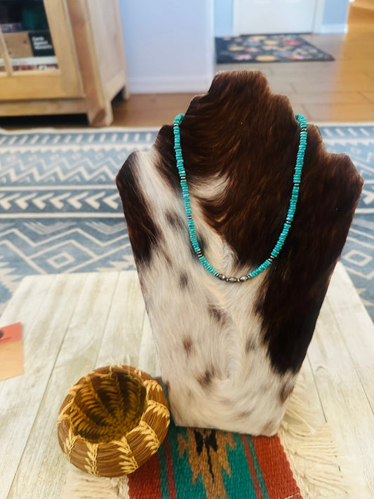 Handcrafted Turquoise & Sterling Silver Beaded Necklace 16”