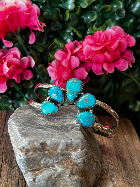 Handmade South Hill Turquoise Cluster & Sterling Silver Cuff Bracelet