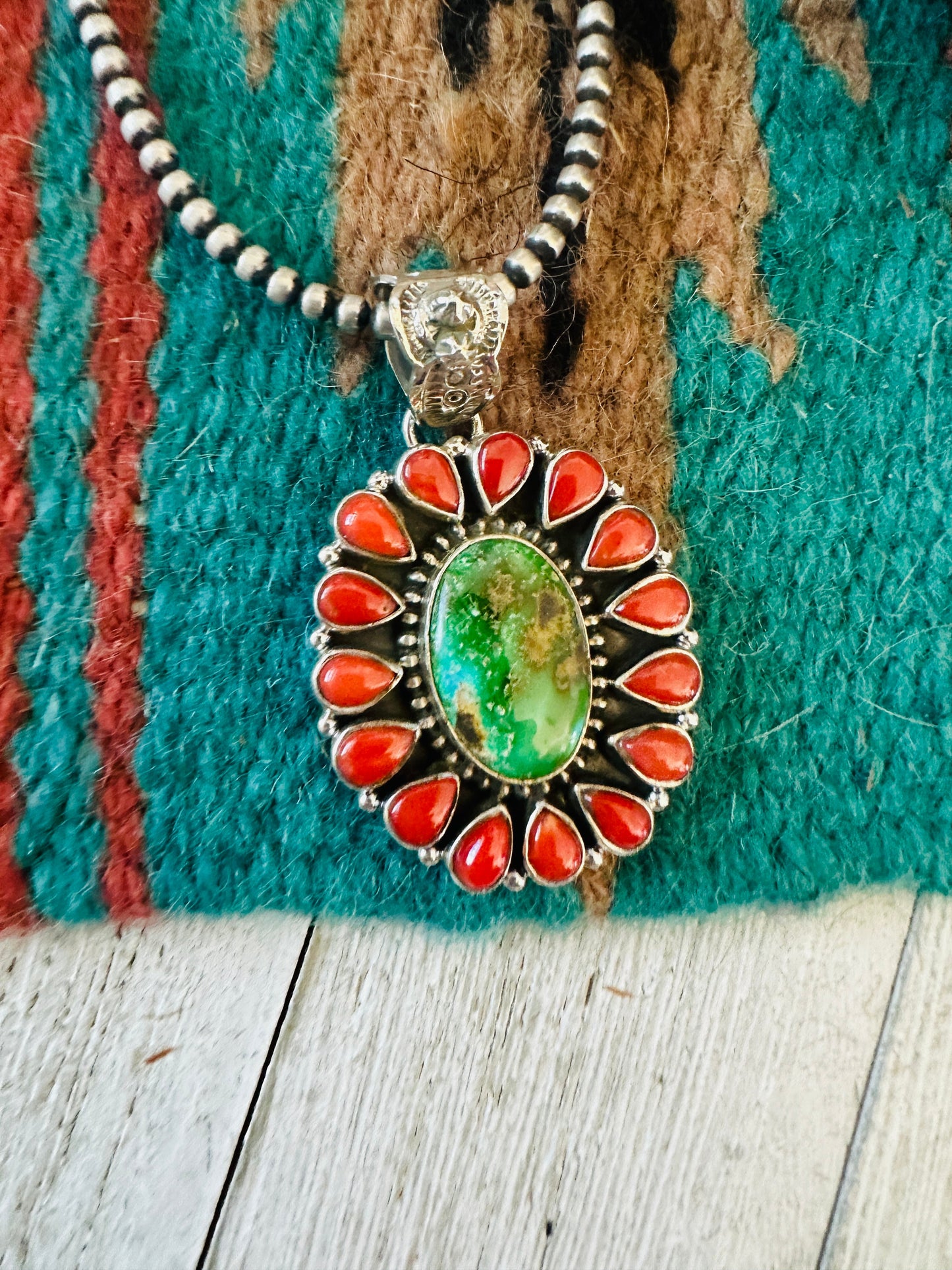 ** Christmas Collection ** Handmade Sterling Silver, Coral & Turquoise Cluster Pendant Signed Nizhoni