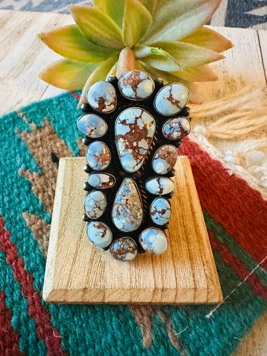 Handcrafted Golden Hills Turquoise & Sterling Silver Cluster Ring Size 9.5