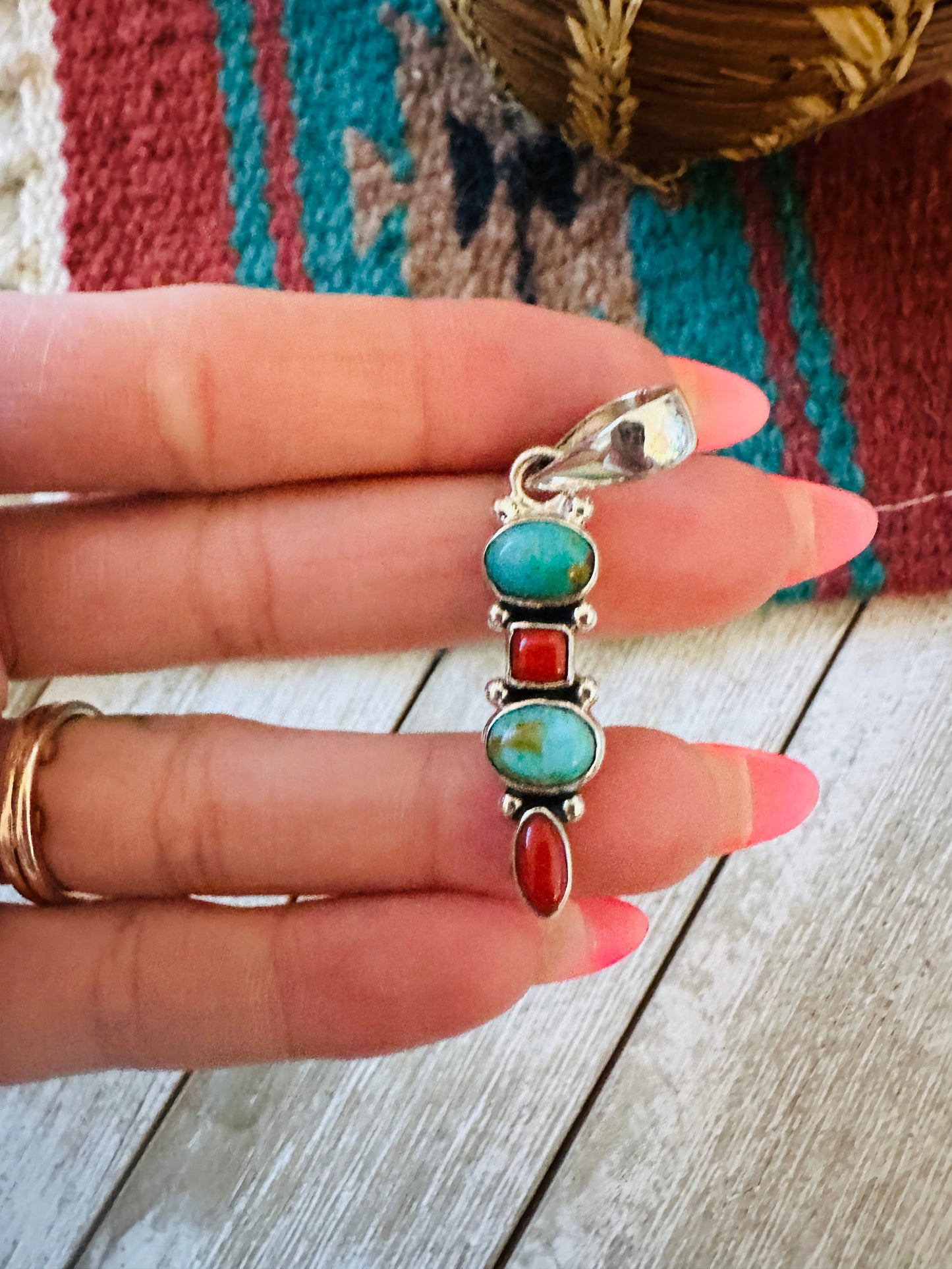 ** Christmas Collection ** Handmade Sterling Silver, Coral & Turquoise Pendant Signed Nizhoni