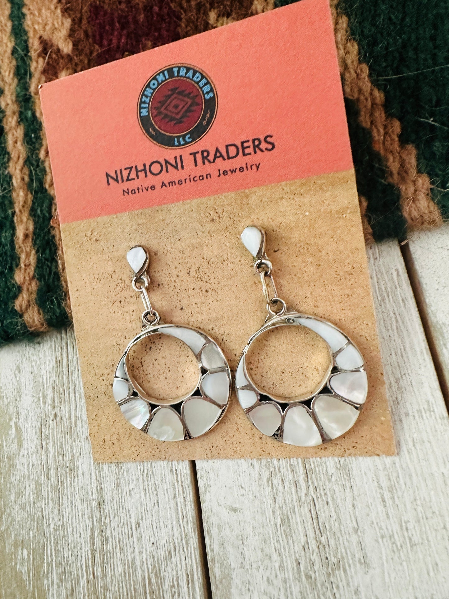 Handcrafted Mother of Pearl & Sterling Silver Inlay Dangle Earrings