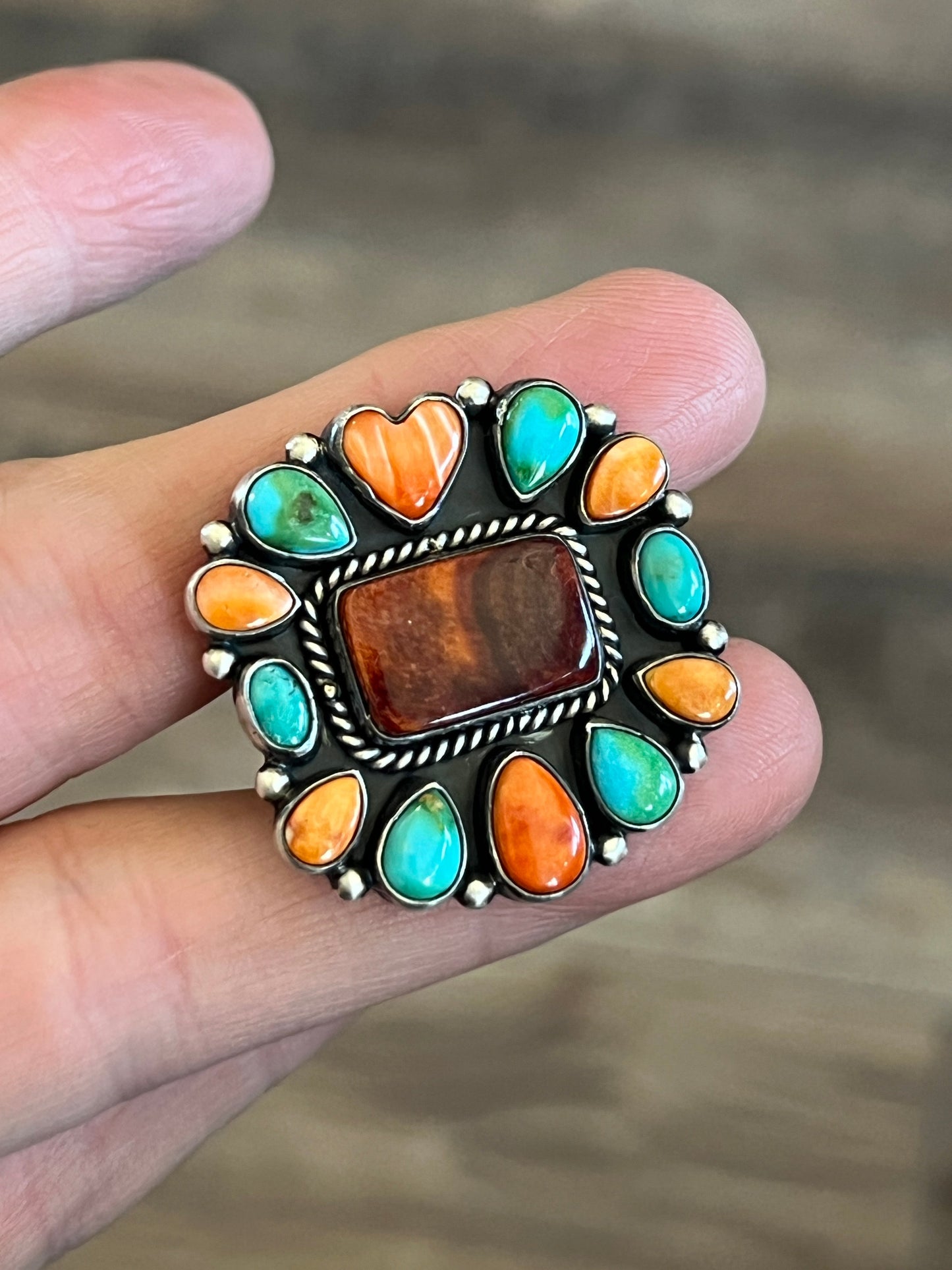 Handcrafted Electric Rainbow Turquoise and Spiny Oyster Ring by Angela Martin and Bernyse Chavez, Size 7.5-8