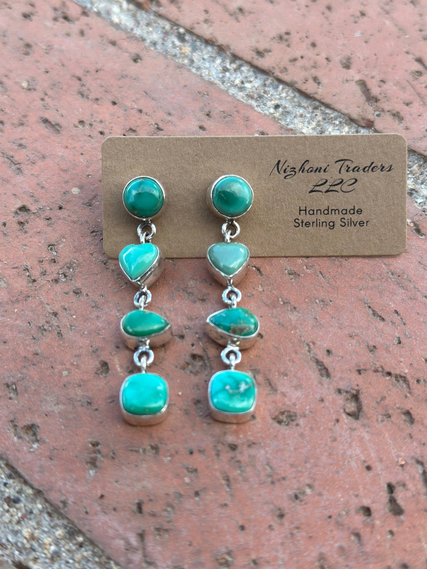 Handmade Emerald Valley Turquoise heart and Sterling Silver 4 Stone Dangles