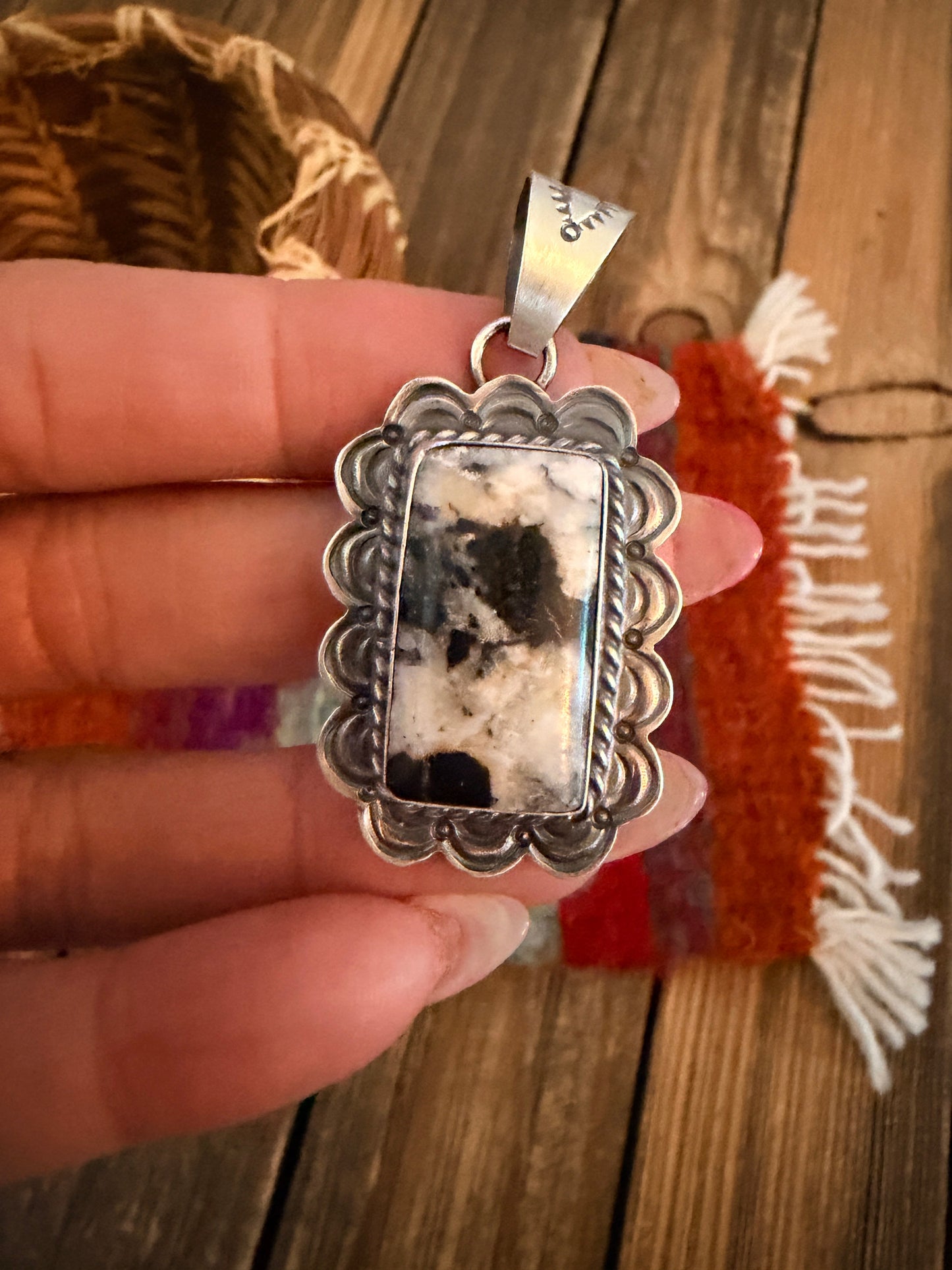 Handcrafted Sterling Silver & White Buffalo Pendant by David Skeets