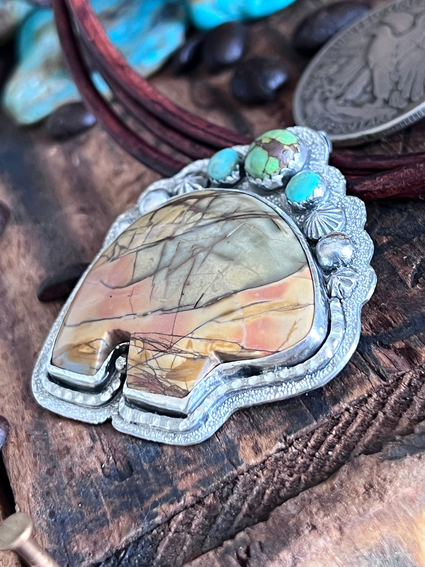 Tularosa Sterling Silver and Leather Red Creek Jasper Bear Necklace with Turquoise