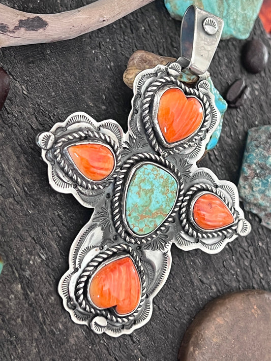 Hand Stamped Sterling Silver, Pilot Mountain Turquoise & Spiny Oyster Cross Pendant by Kimari Somers
