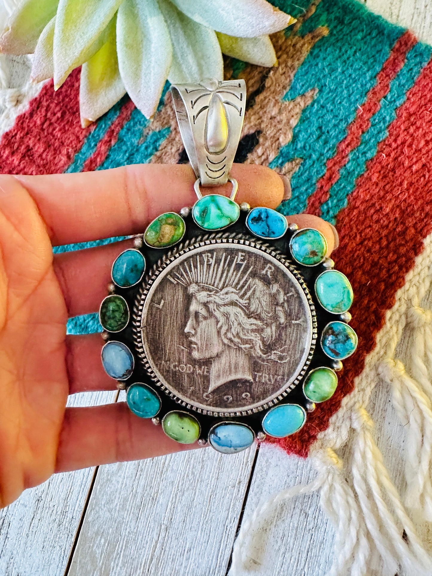 Navajo Sterling Silver & Turquoise Liberty Coin Pendant