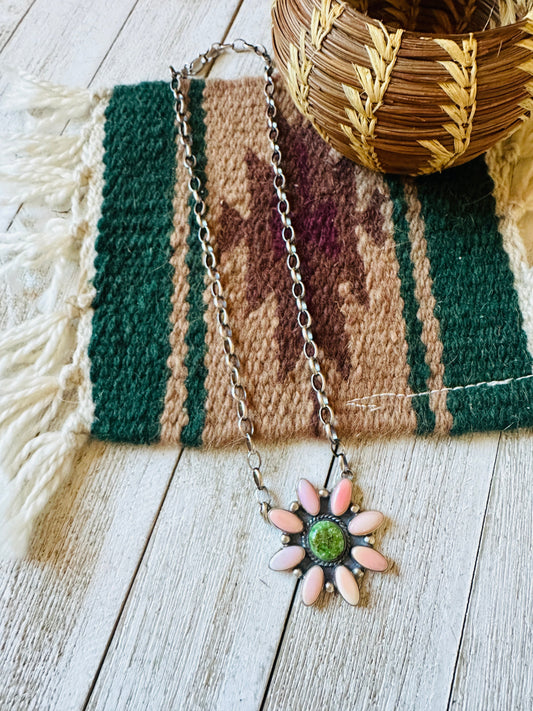 Handcrafted Sterling Silver, Queen Pink Conch Shell & Turquoise Necklace