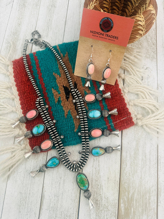 Handcrafted Turquoise, Pink Conch & Sterling Silver Necklace Set by Russell Sam